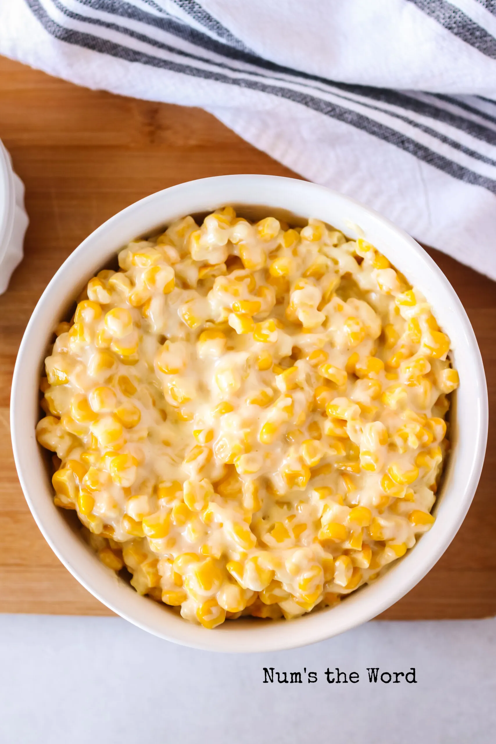 creamed corn transferred to a serving bowl