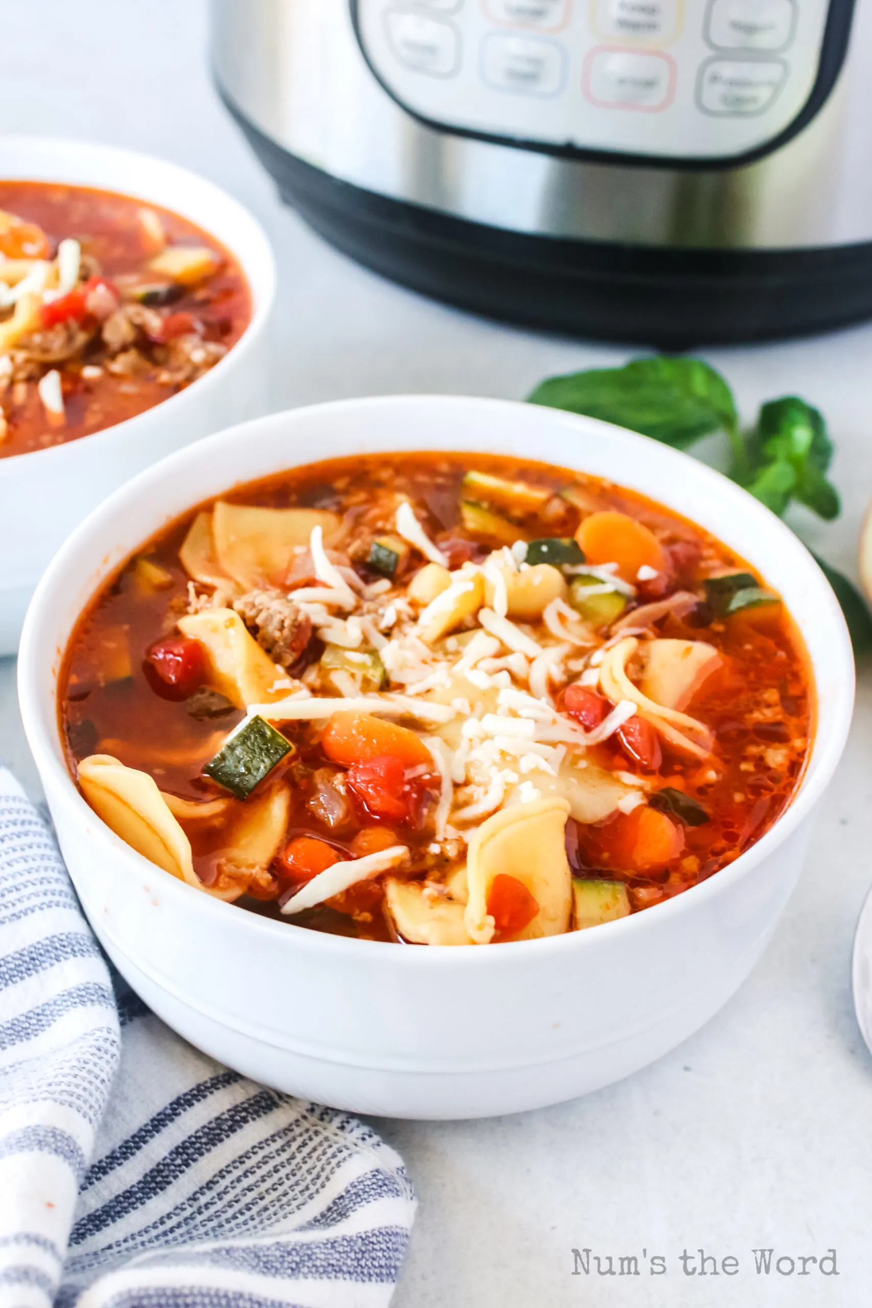 two bowls of soup with instant pot in the background