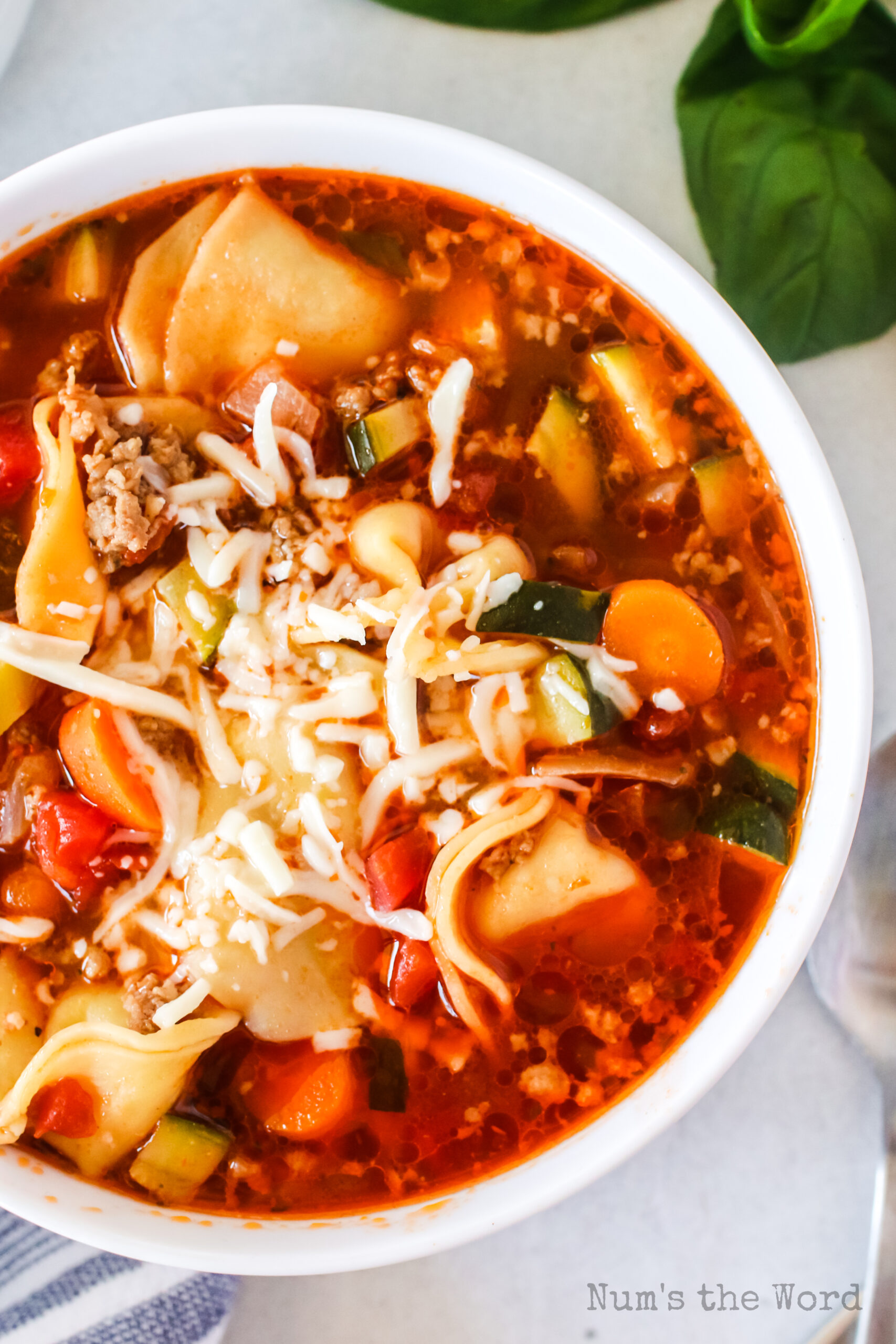 zoomed in top view of soup in a bowl