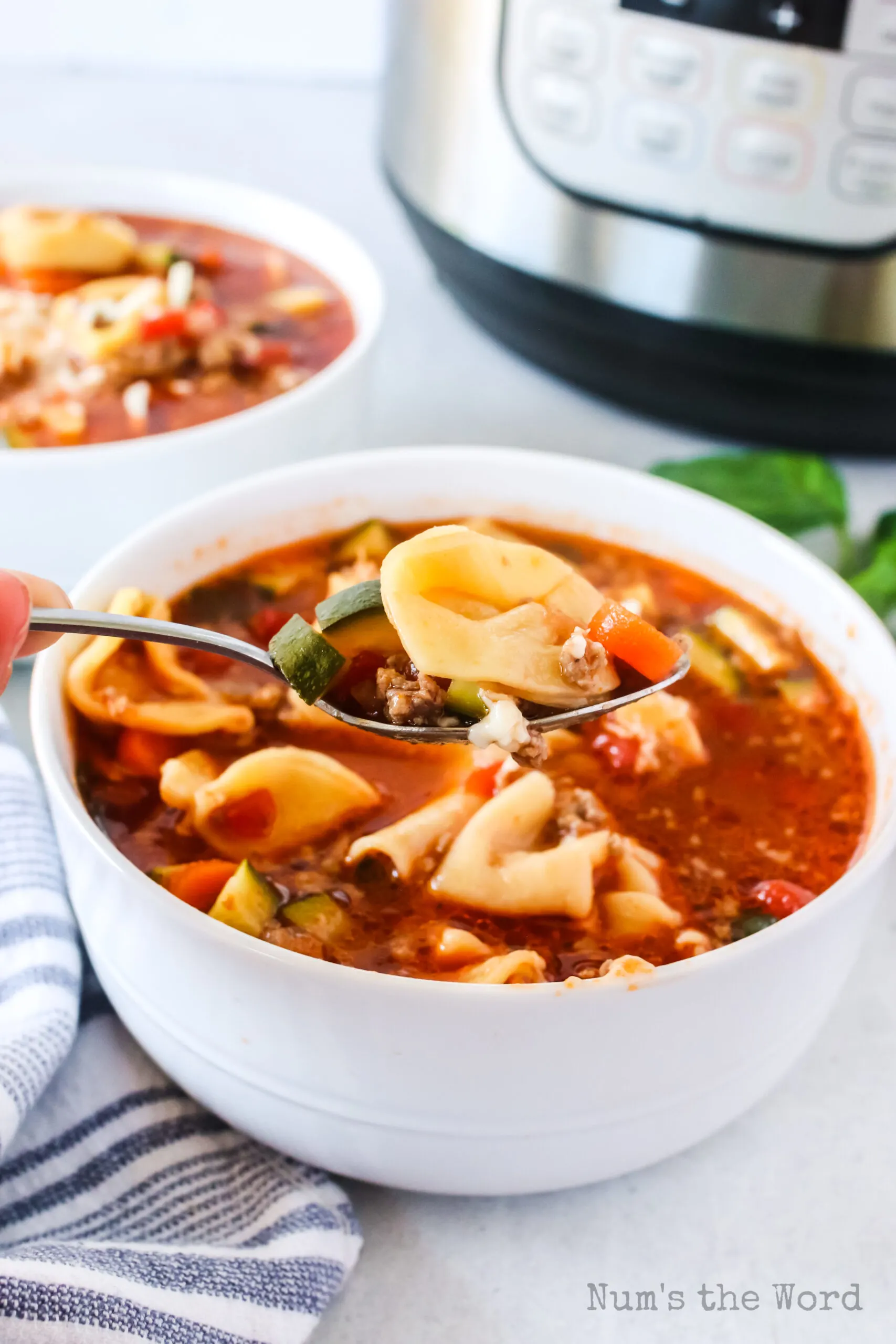 side view of two bowls of soup with instant pot in background.