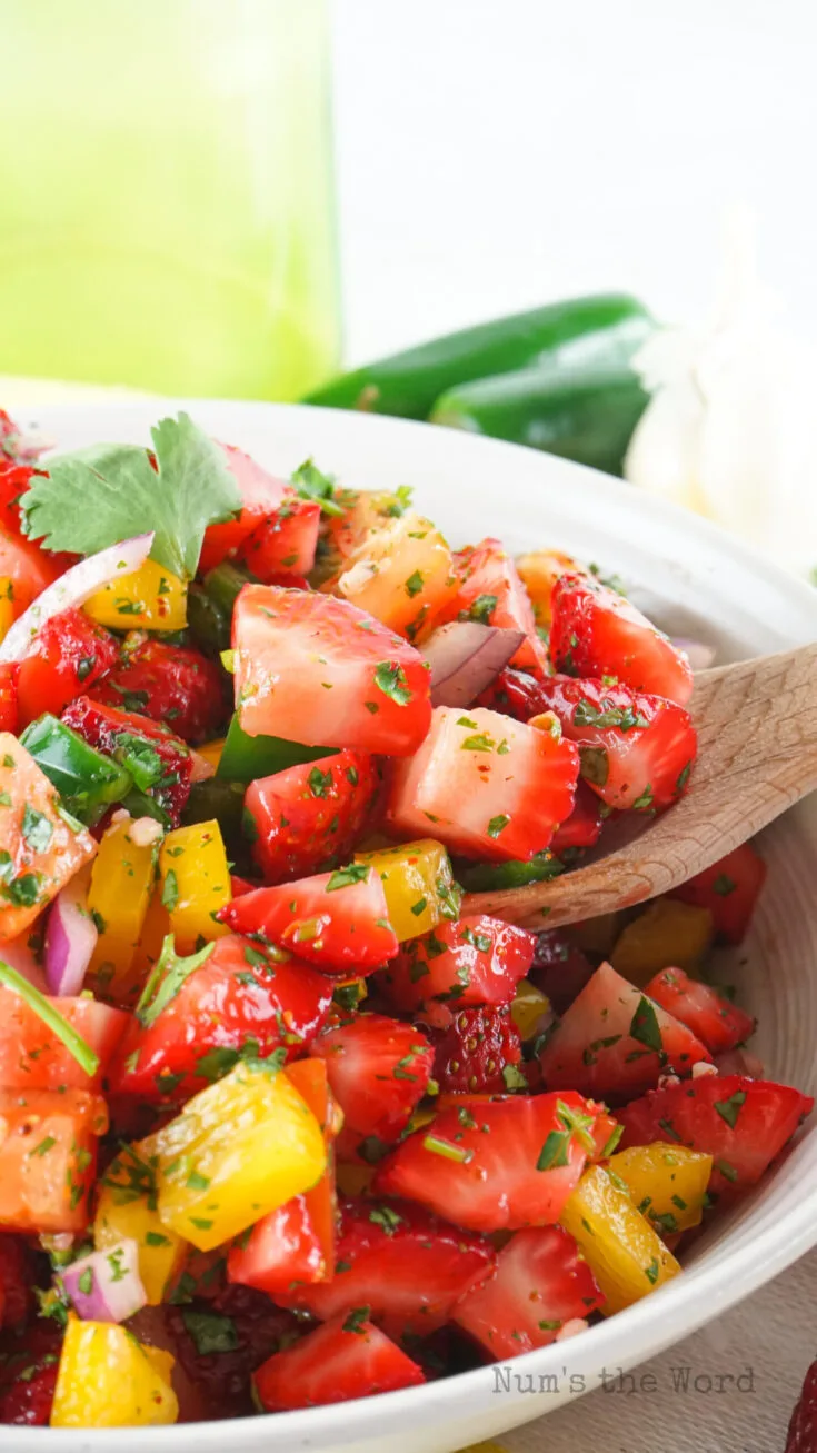 zoomed in image of strawberry salsa in bowl ready to serve
