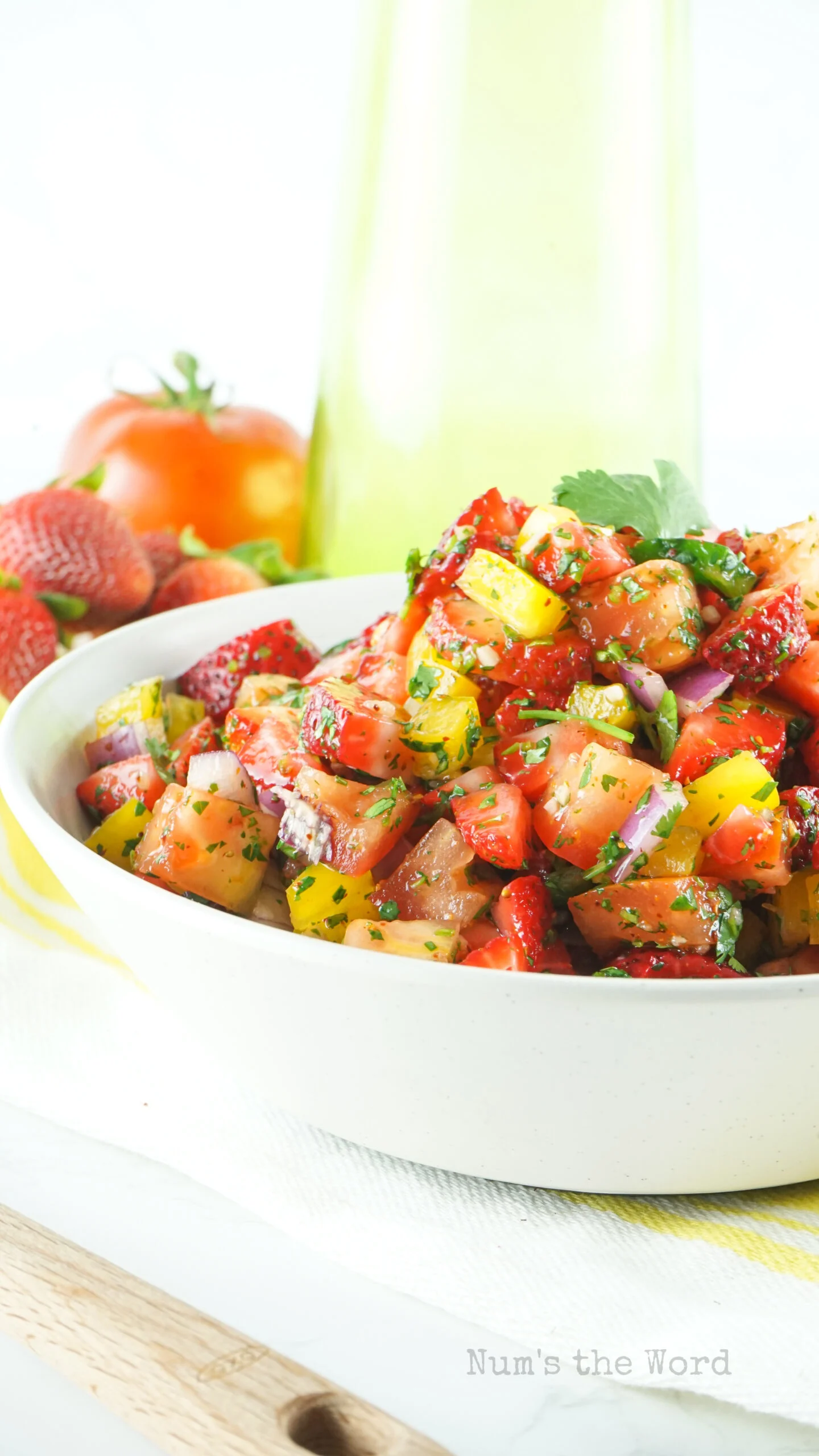 strawberry salsa in a bowl, mixed - side view