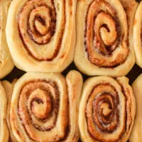 zoomed in image of cinnamon rolls on cookie sheet