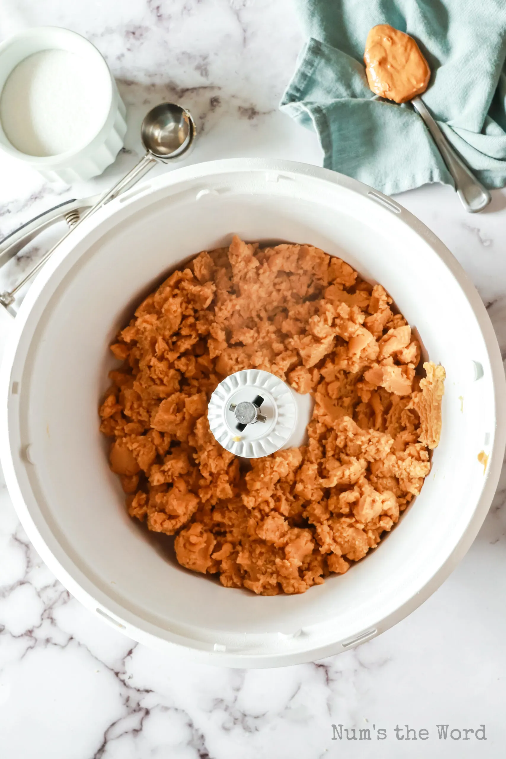 peanut butter cookie dough in mixing bowl.