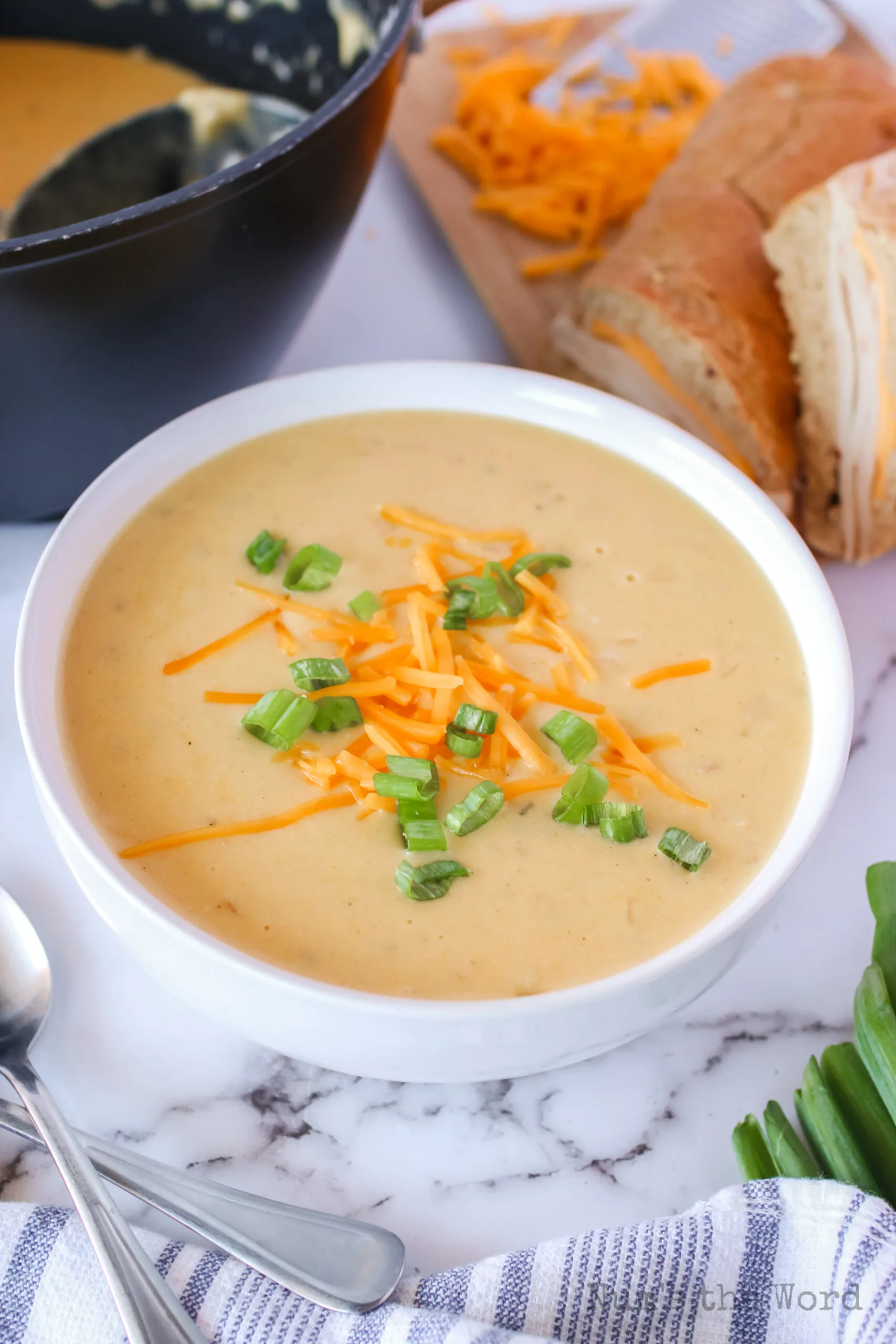 soup in a bowl with extra cheddar and diced green onions on top