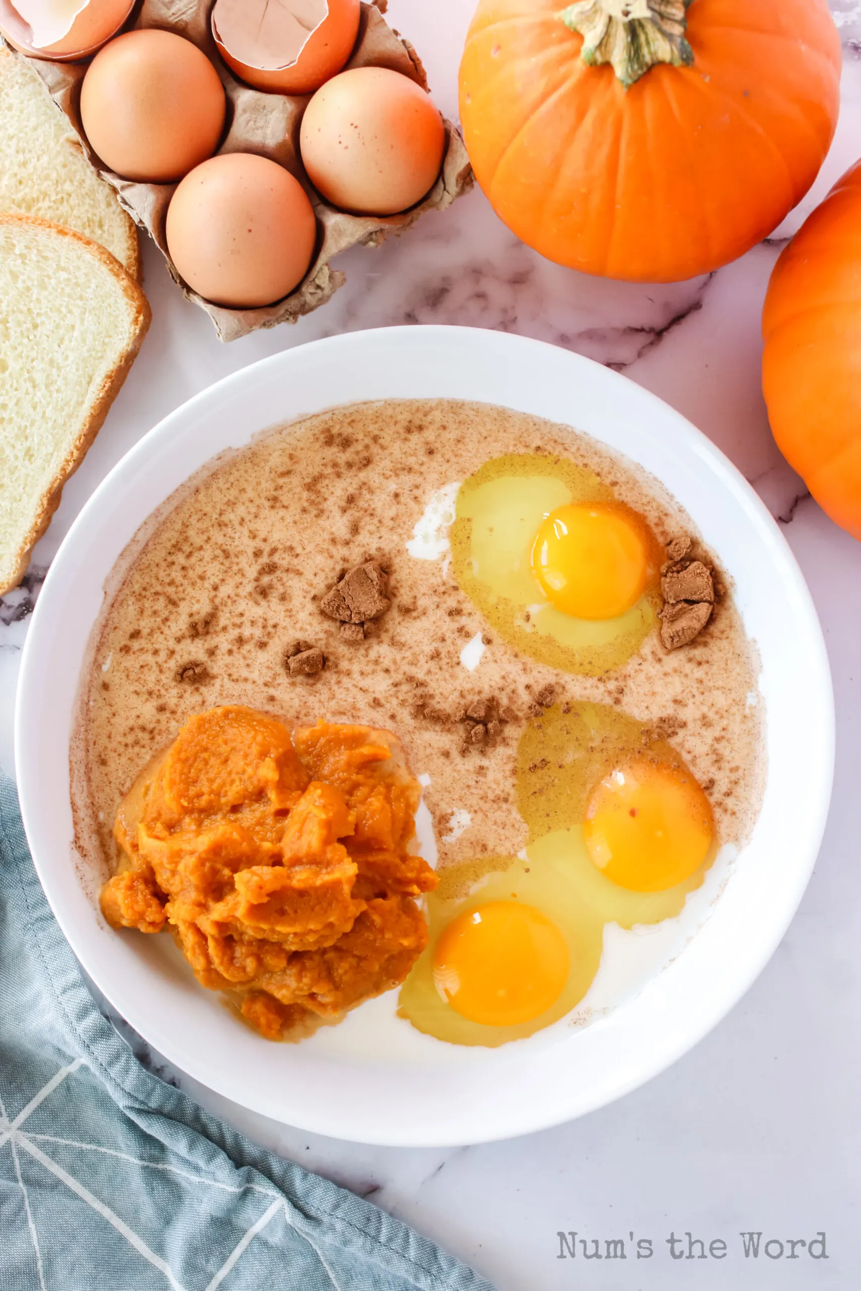 all ingredients for french toast batter in bowl