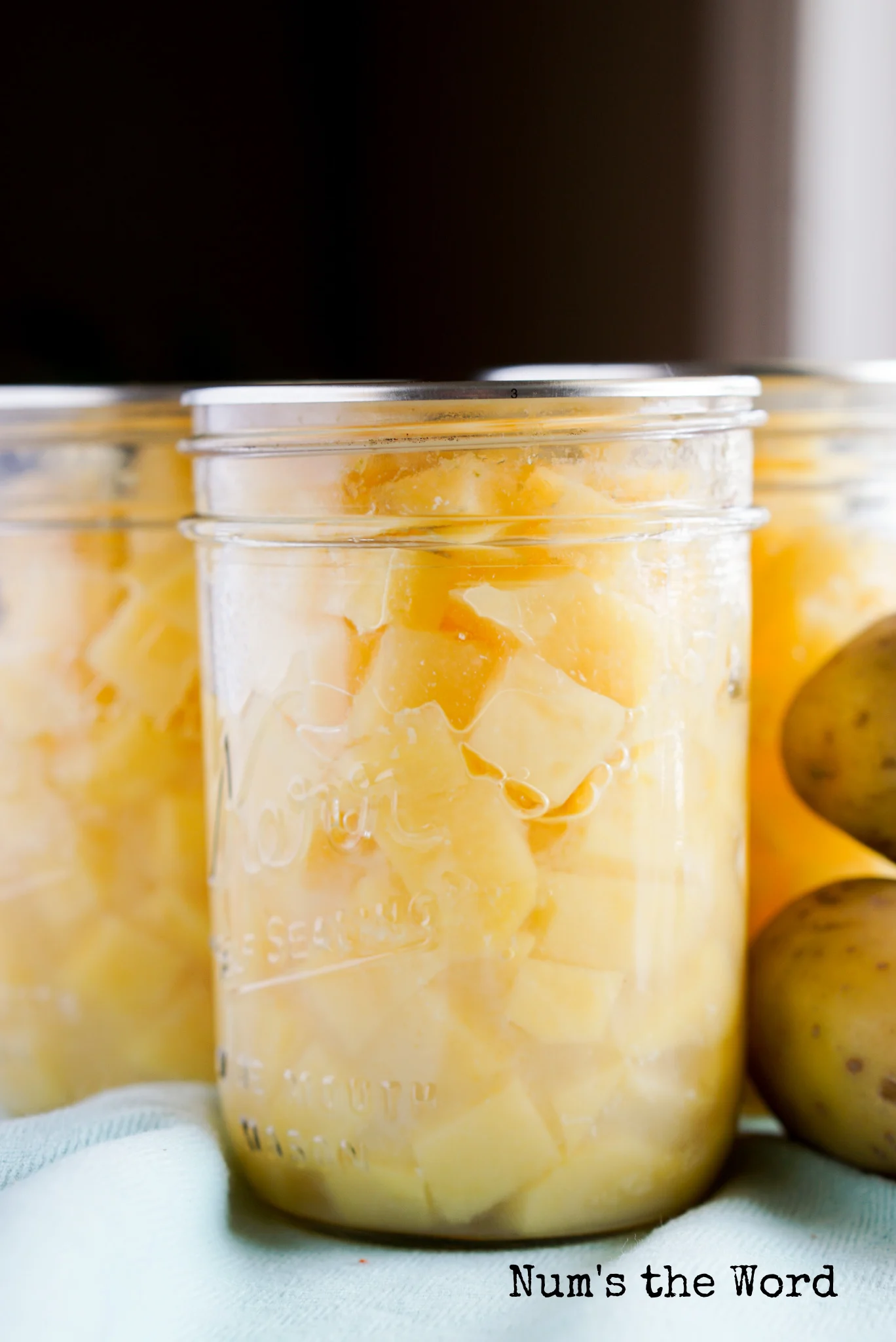 3 jars of diced potatoes canned, showing a little starch at the bottom.