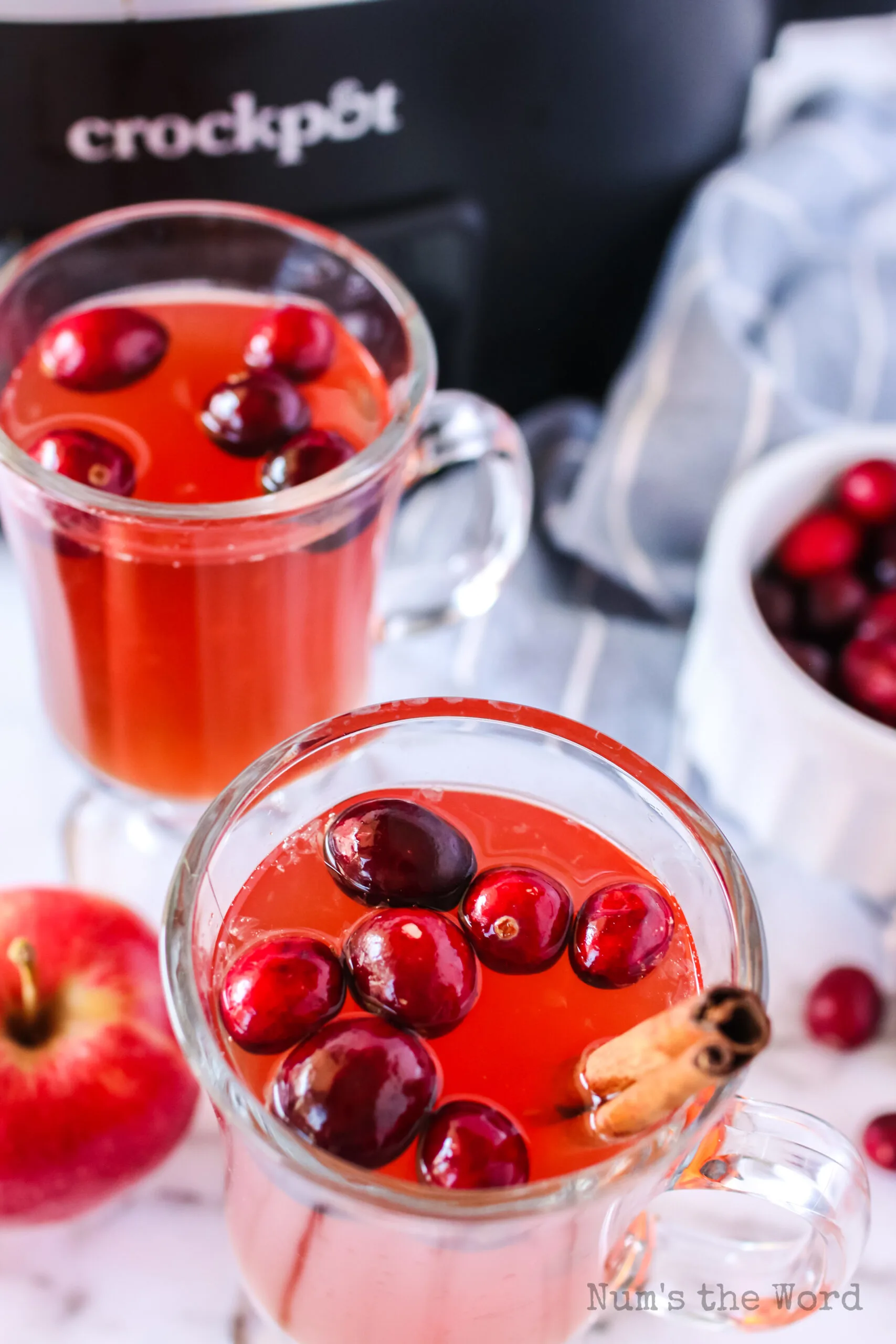 top side view of two ups of cider with cinnamon and cranberries