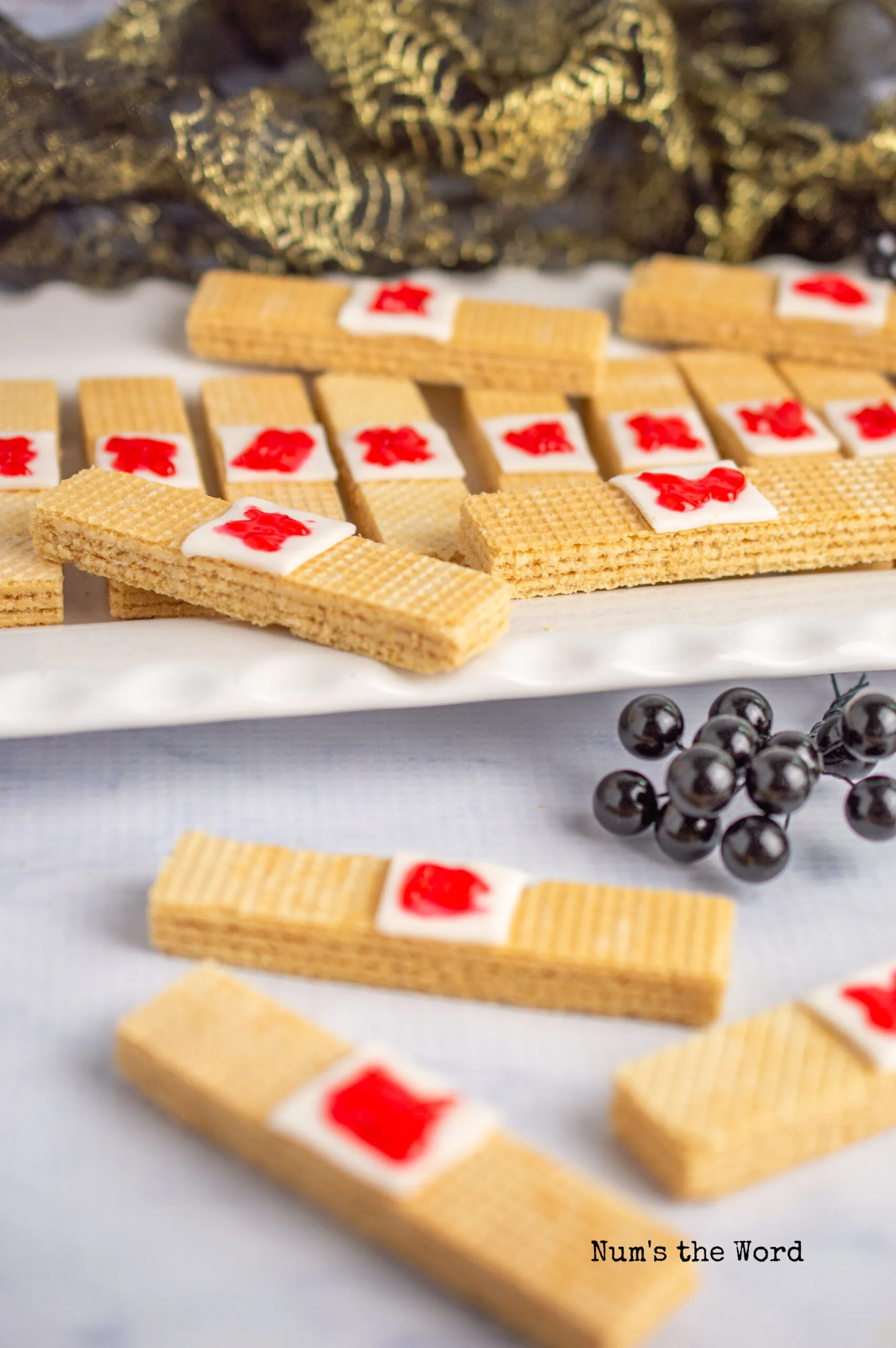 zoomed out side view of cookies on platter