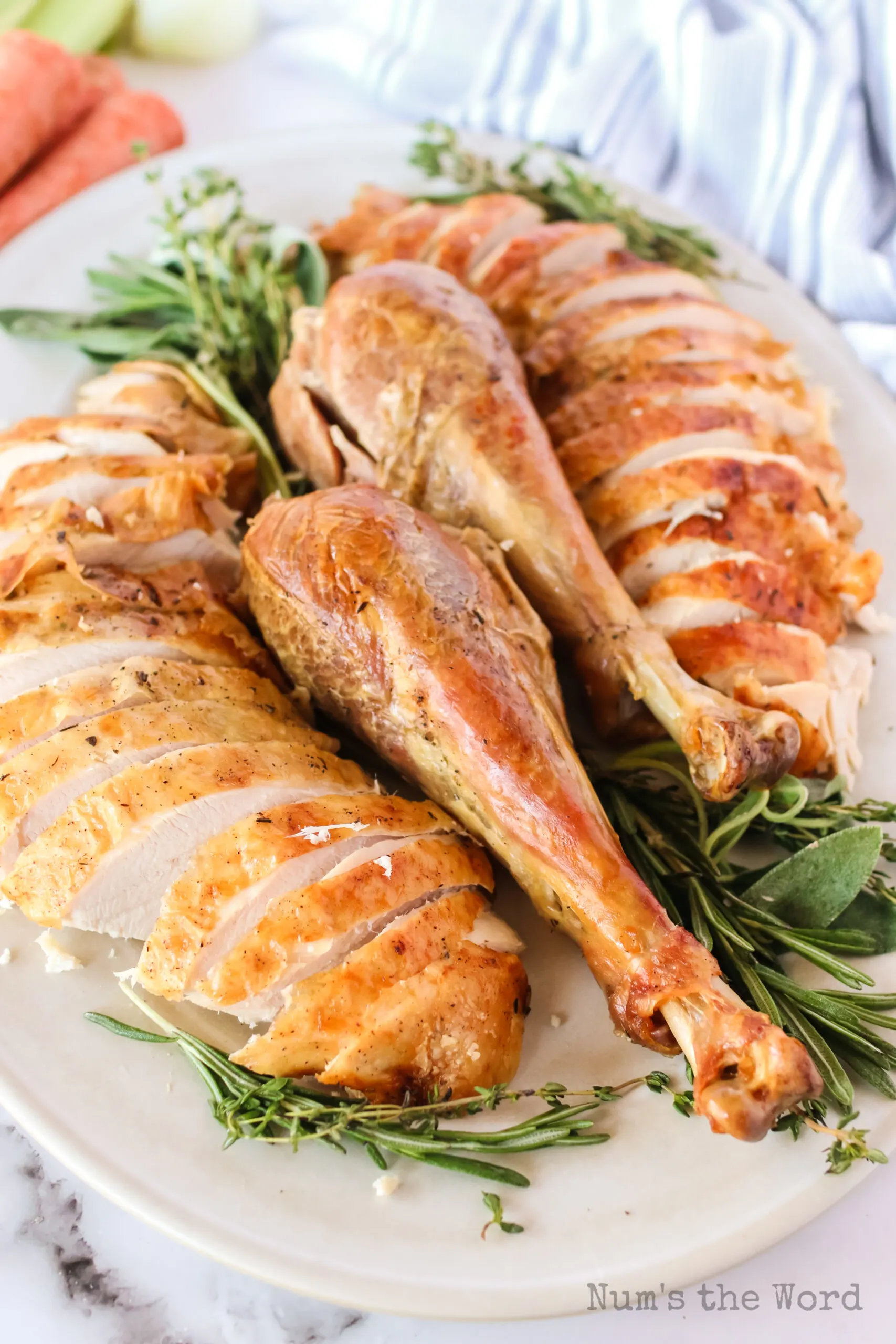 zoomed in image of carved turkey on a platter