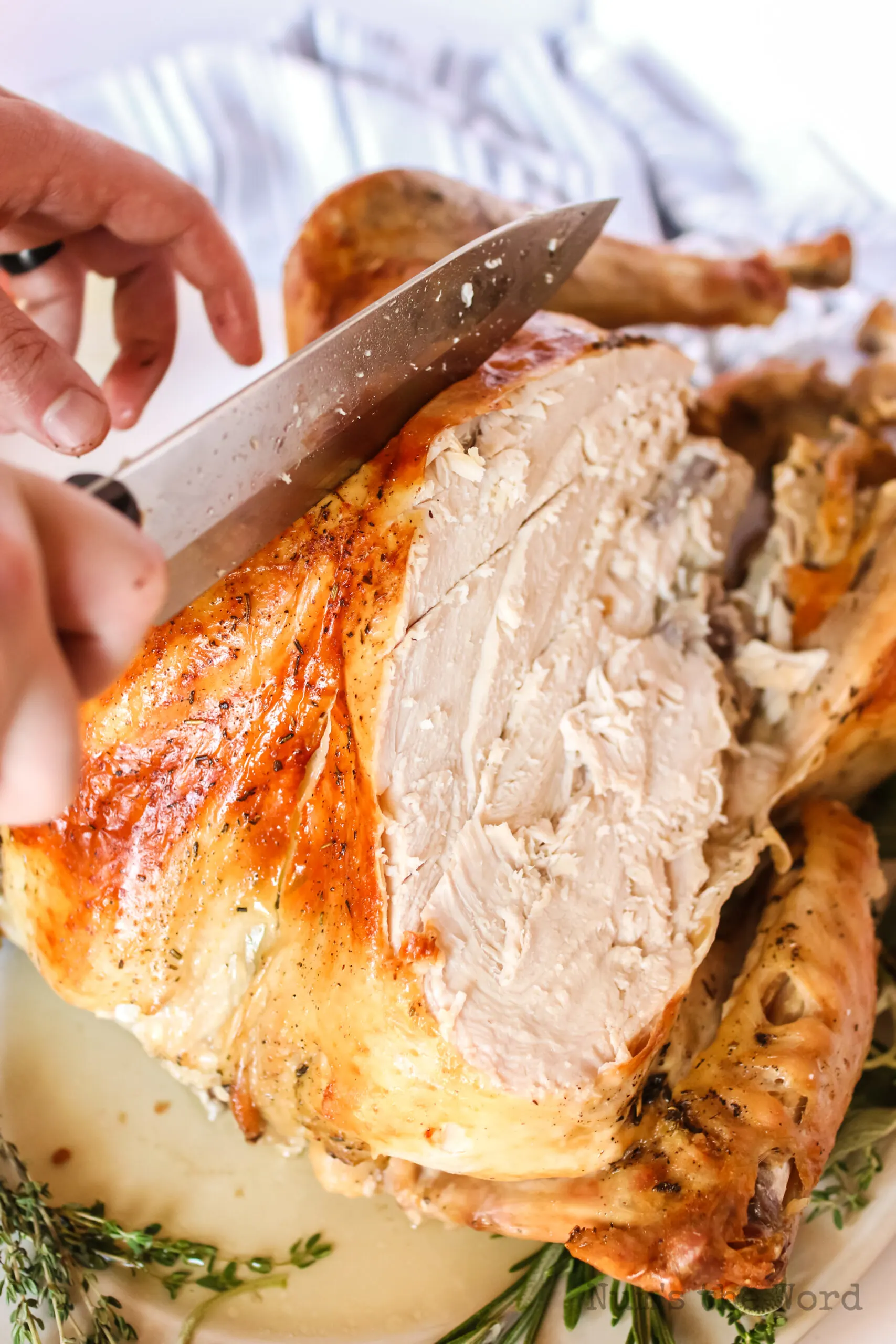 knife carving the roasted turkey