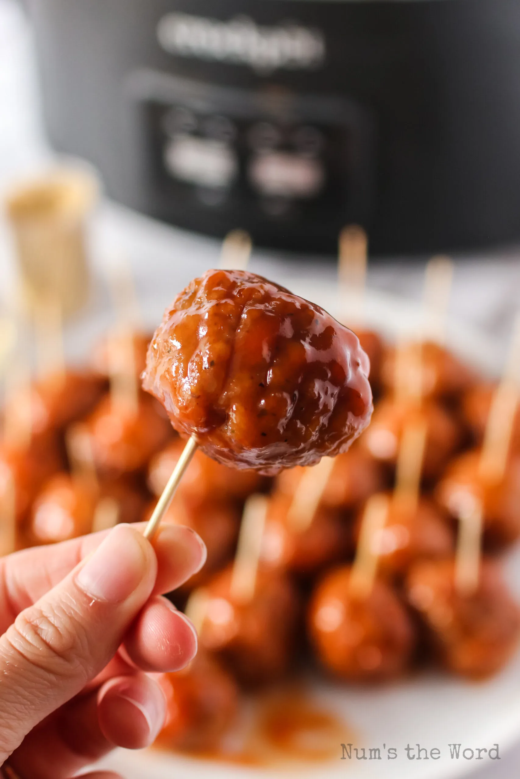 meatball on a toothpick being held up to camera lens.