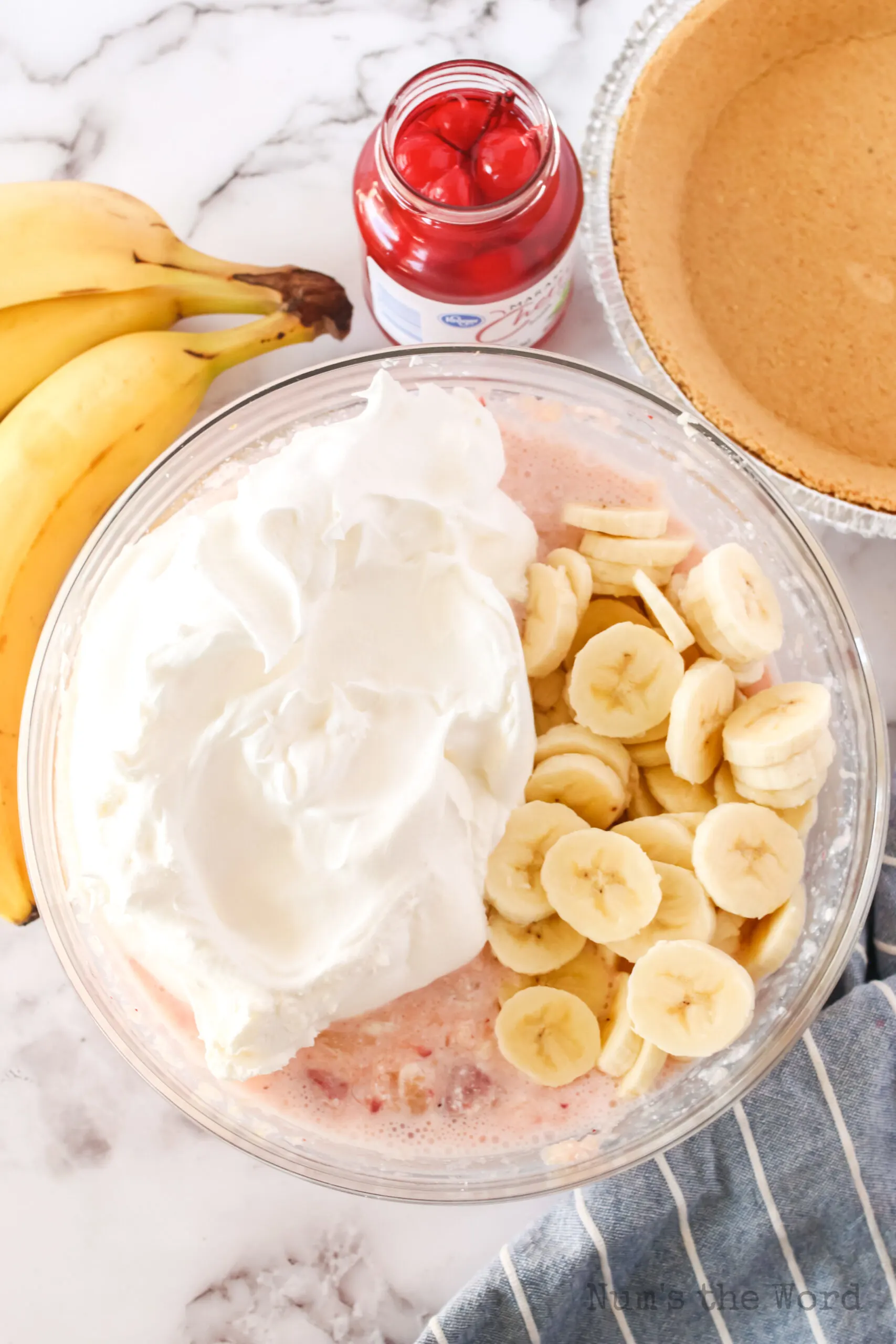 cool whip and sliced bananas added to cream cheese mixture