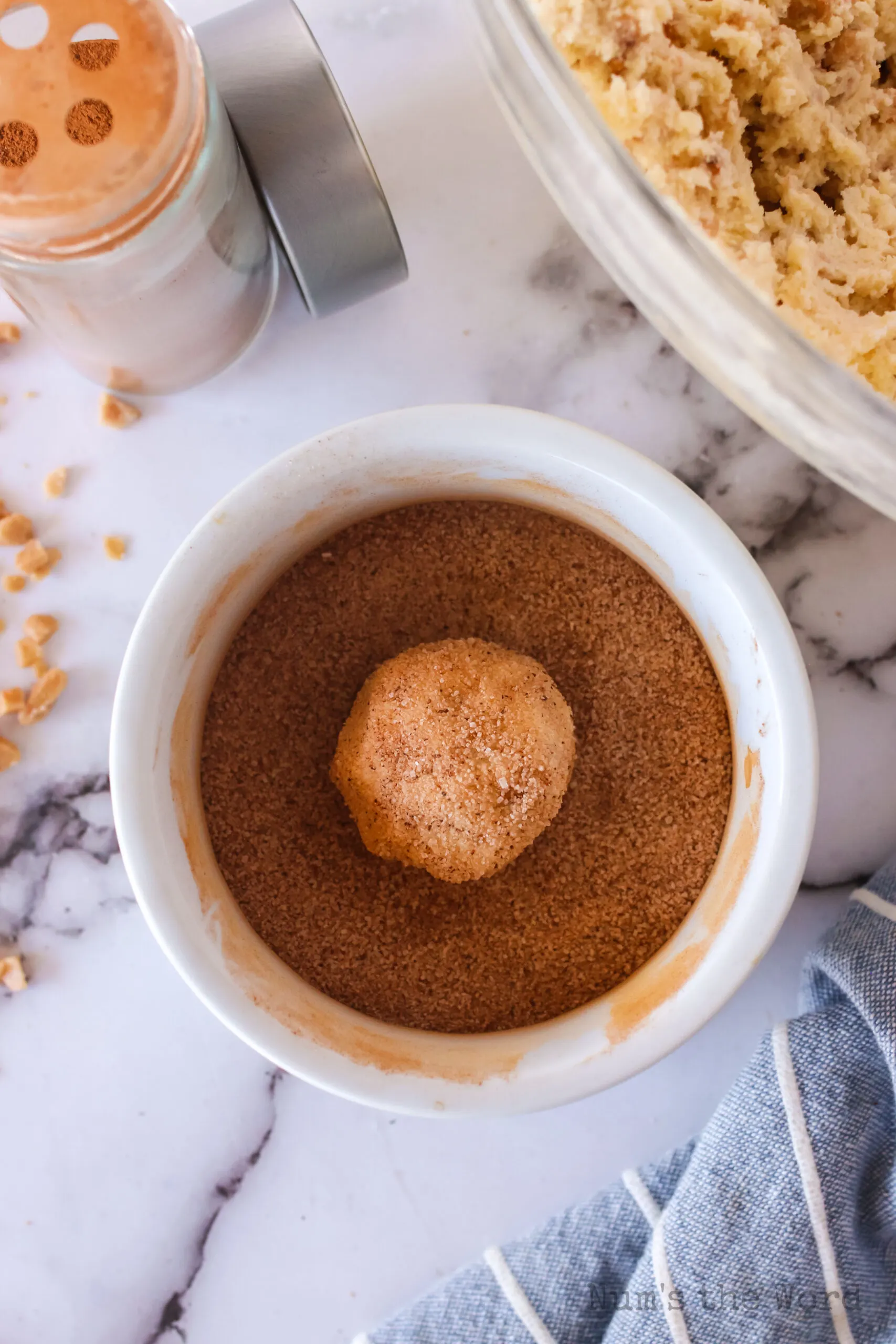 dough ball rolled in cinnamon sugar