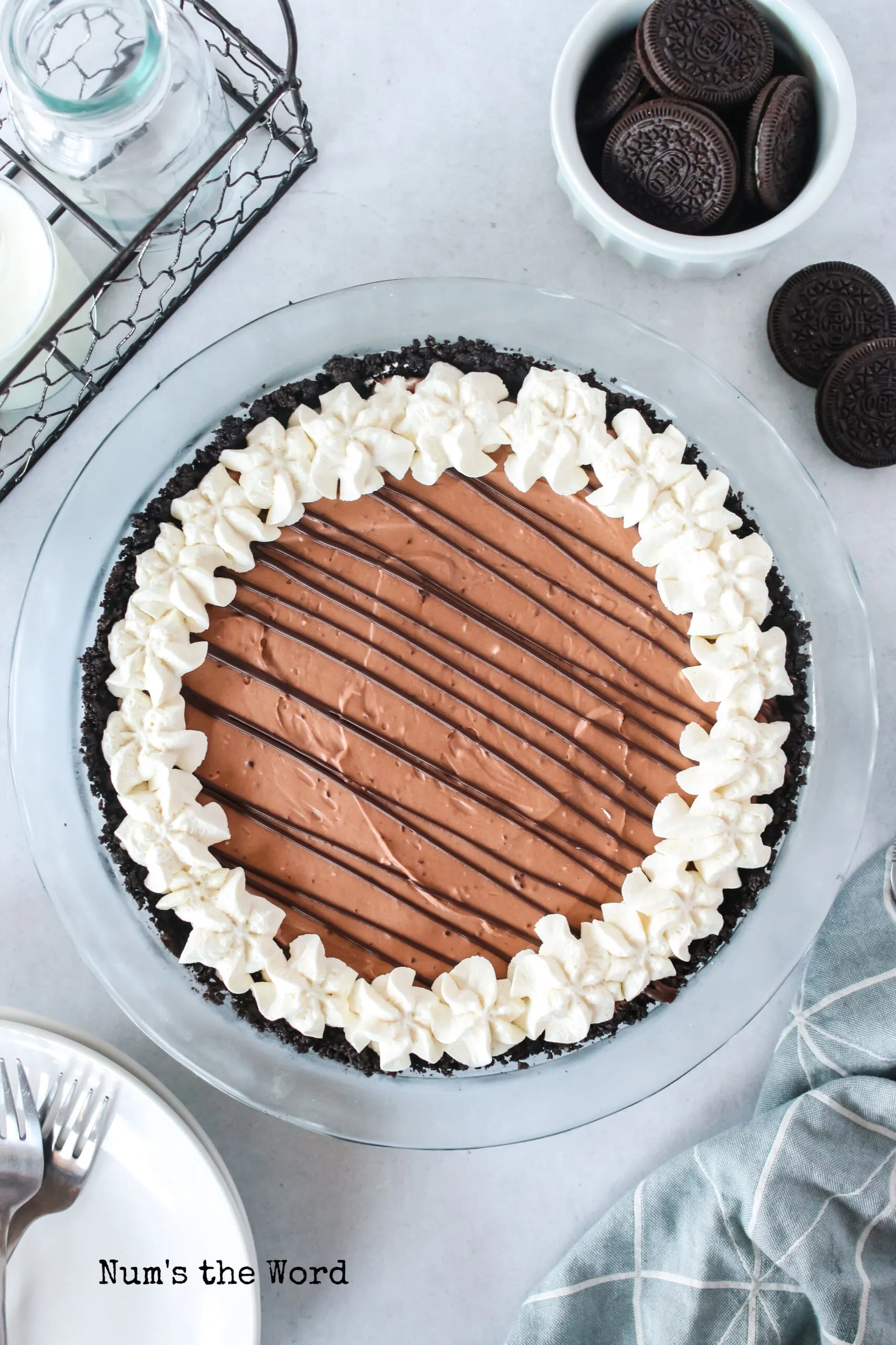 chocolate pie with whipped cream topped