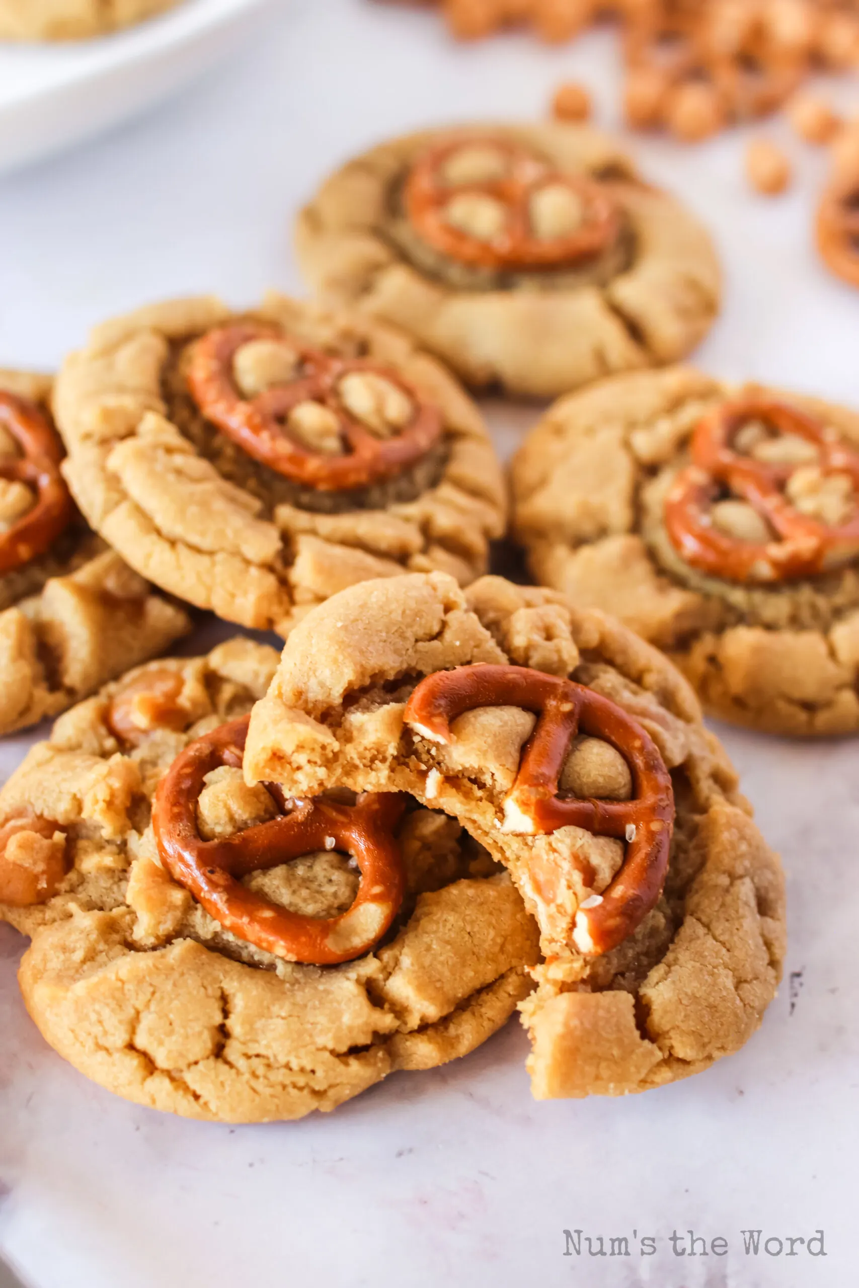 cookies spread out and stacked. A bite is missing out of a cookie