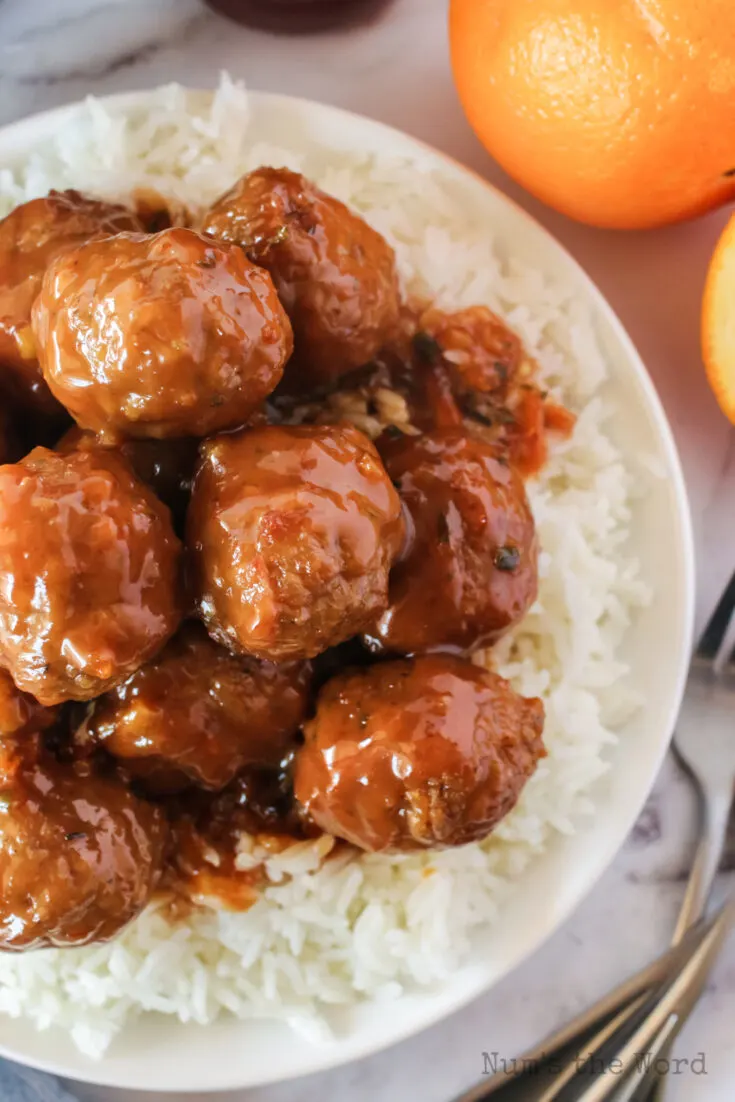 zoomed in plate of rice with meatballs on top. Photo taken from the top looking down.