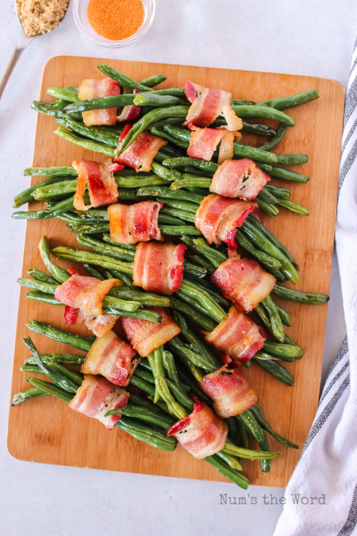 zoomed out image of bundles on a serving board