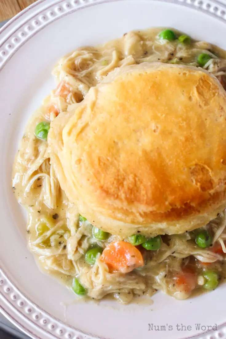 zoomed in image of easy chicken and biscuits casserole