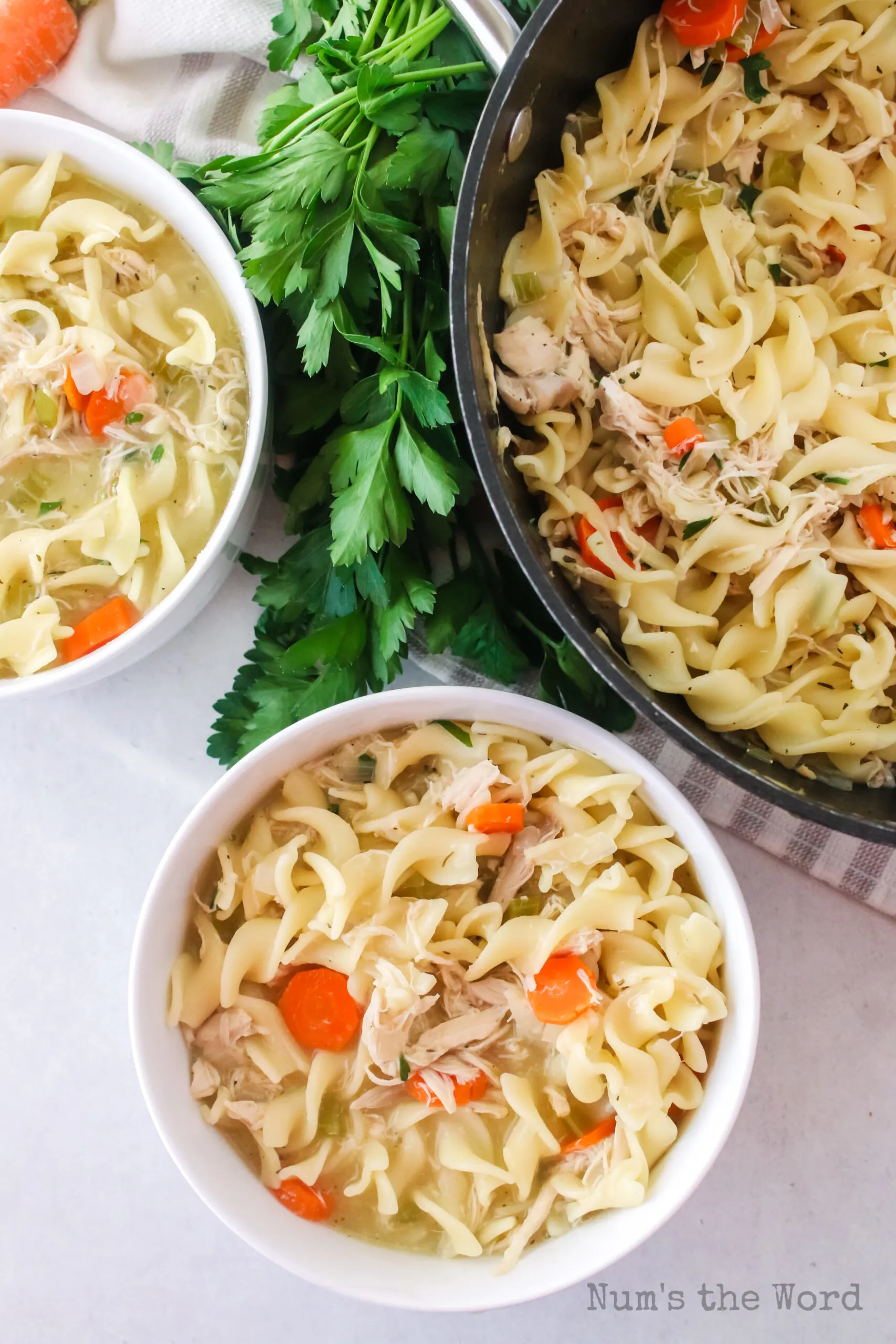 two bowls of soup with pot of soup in photo.