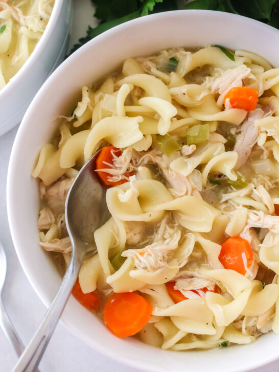 bowl of chicken noodle soup with spoon