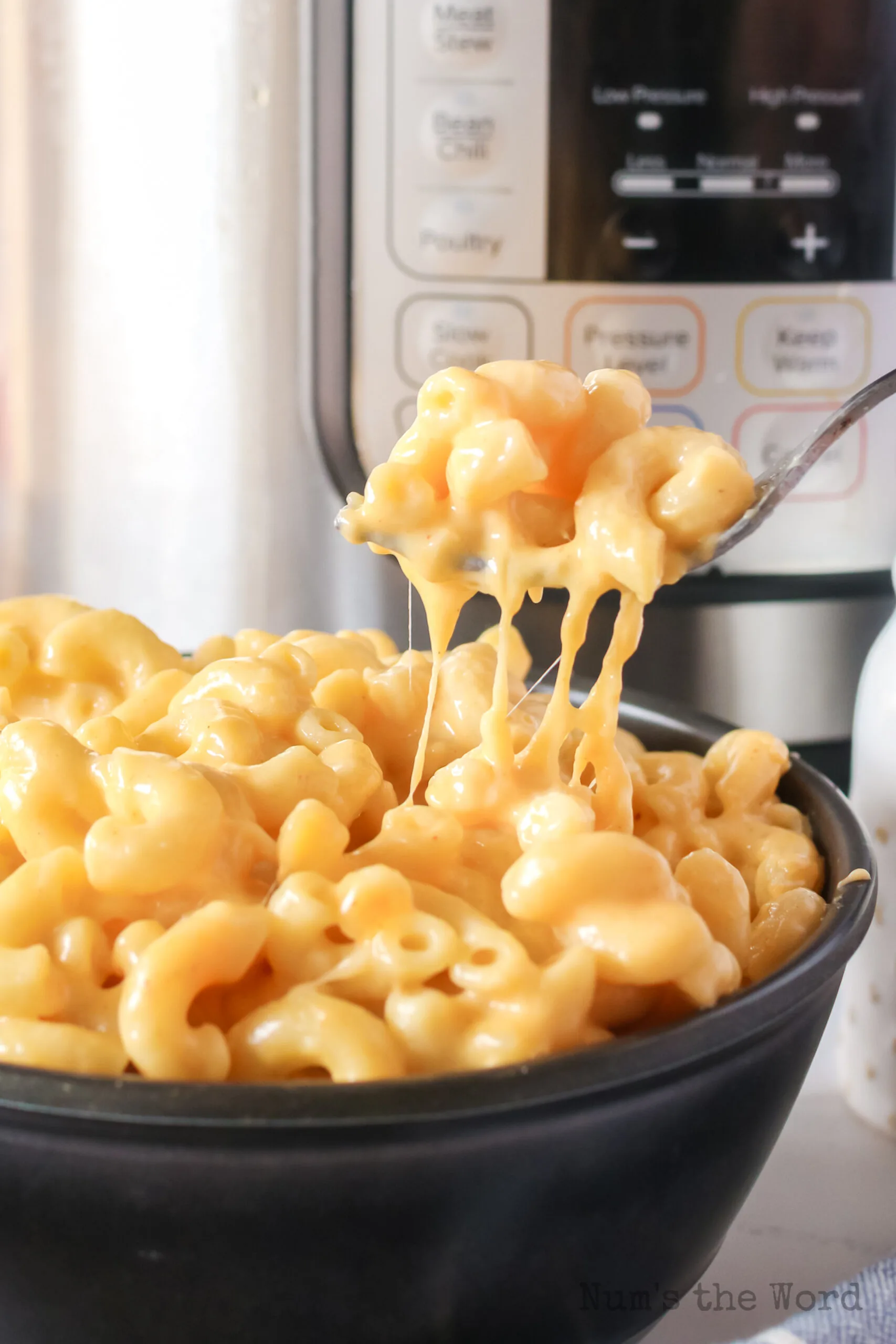 fork scooping a portion of cheesy macaroni and cheese out of a bowl