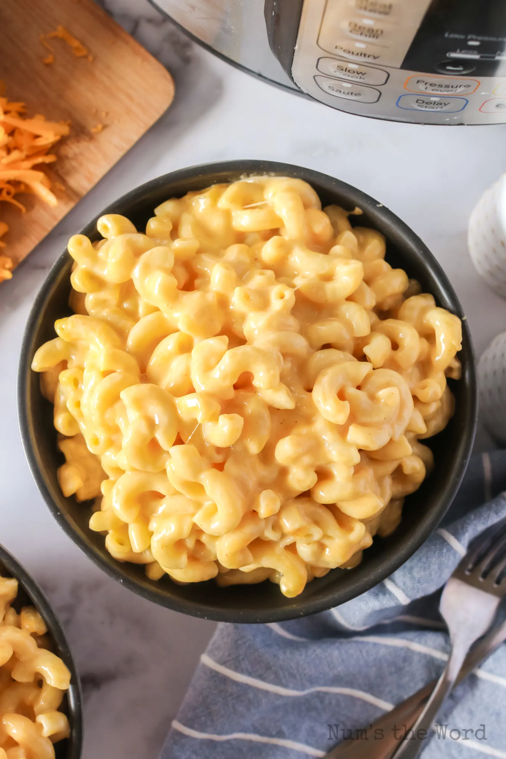 bowl of instant pot macaroni and cheese. Camera looking down at bowl.