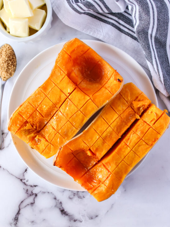 zoomed out image of cooked squash cut up
