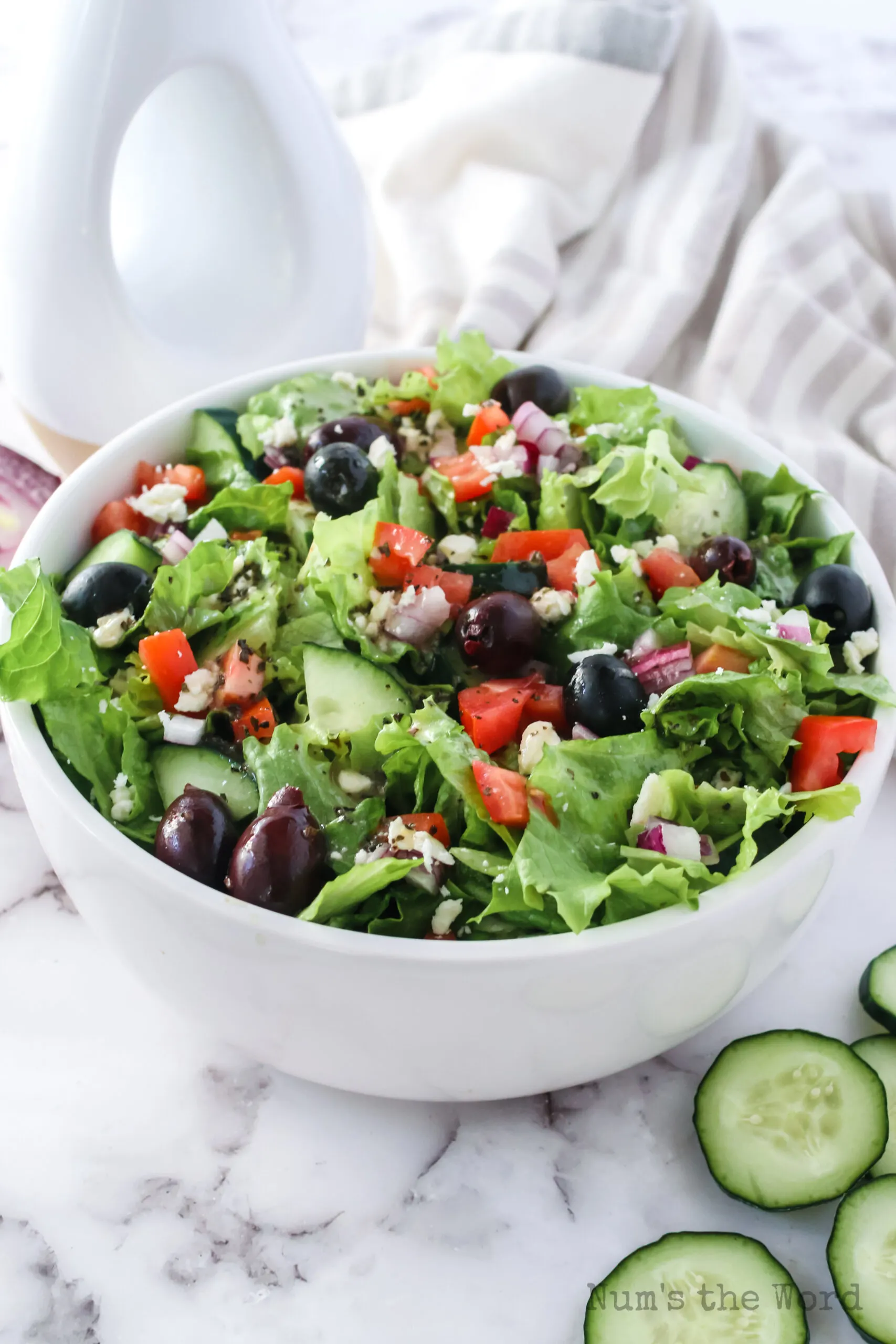 zoomed out side image of greek salad