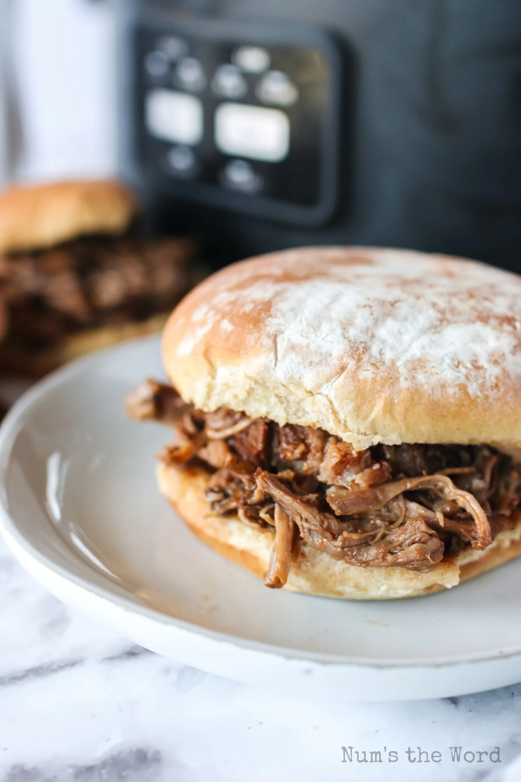 close up of shredded beef sandwich