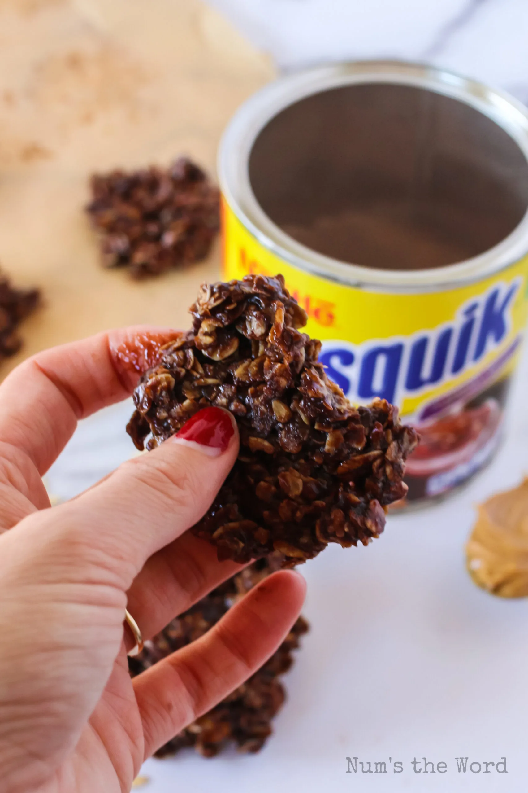 hand holding a nesquick no bake cookie
