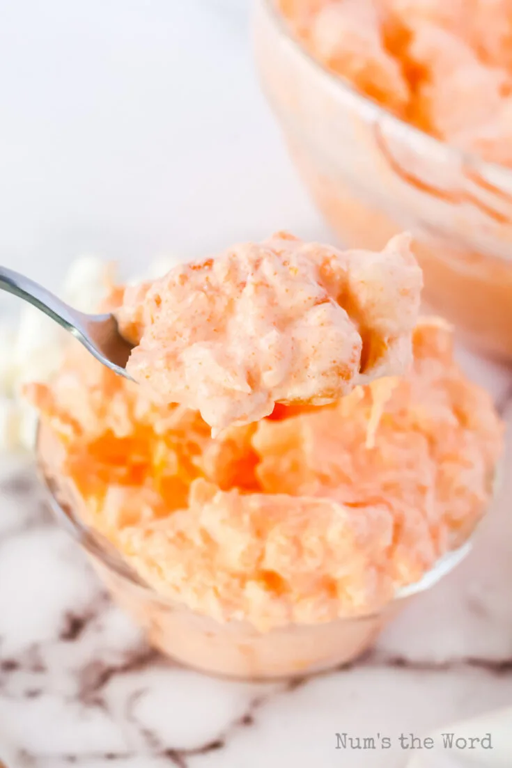 a bowl full of fluff with a spoon scooping some out - side view