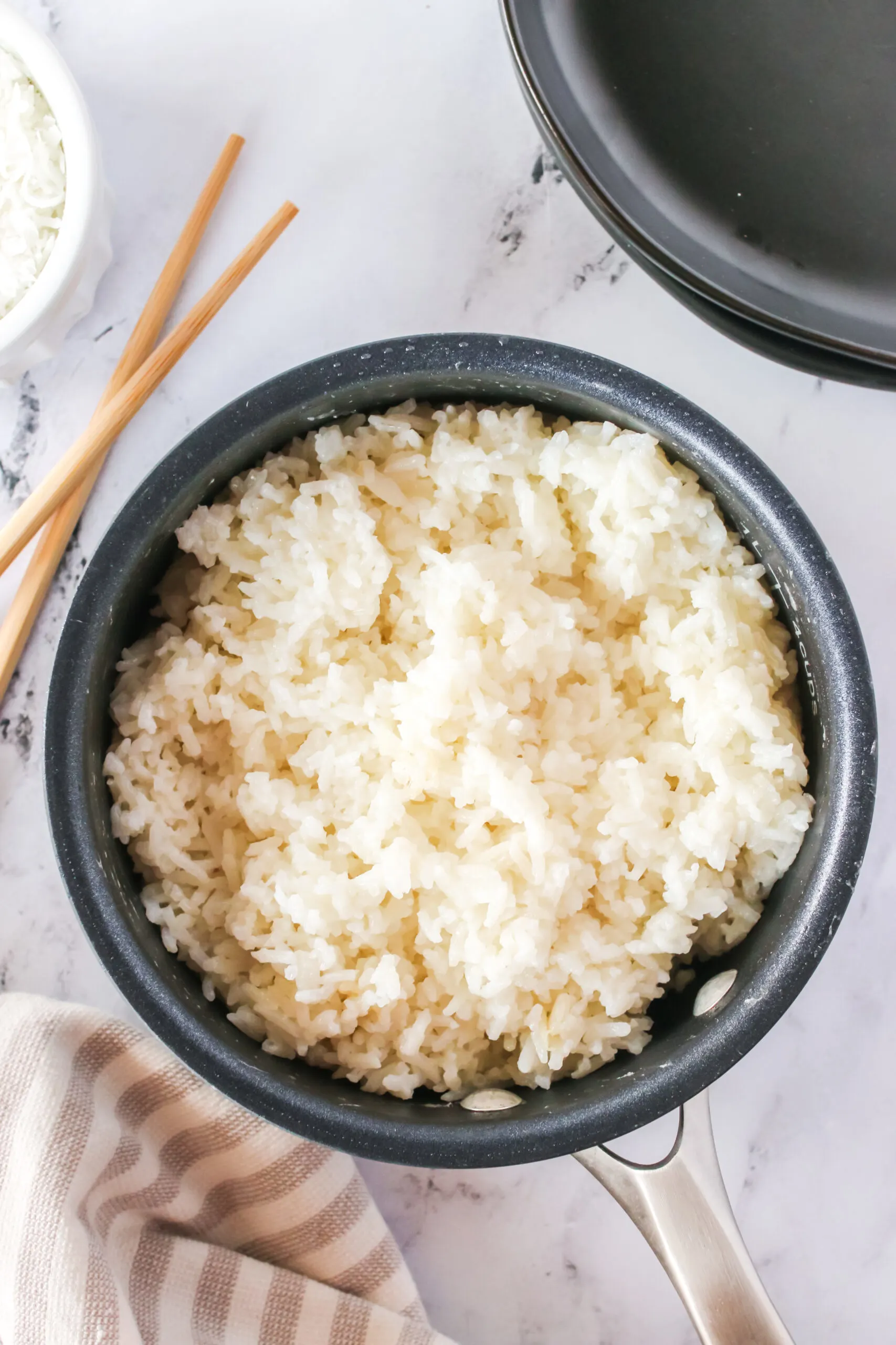 top view looking down at pot full of cooked rice