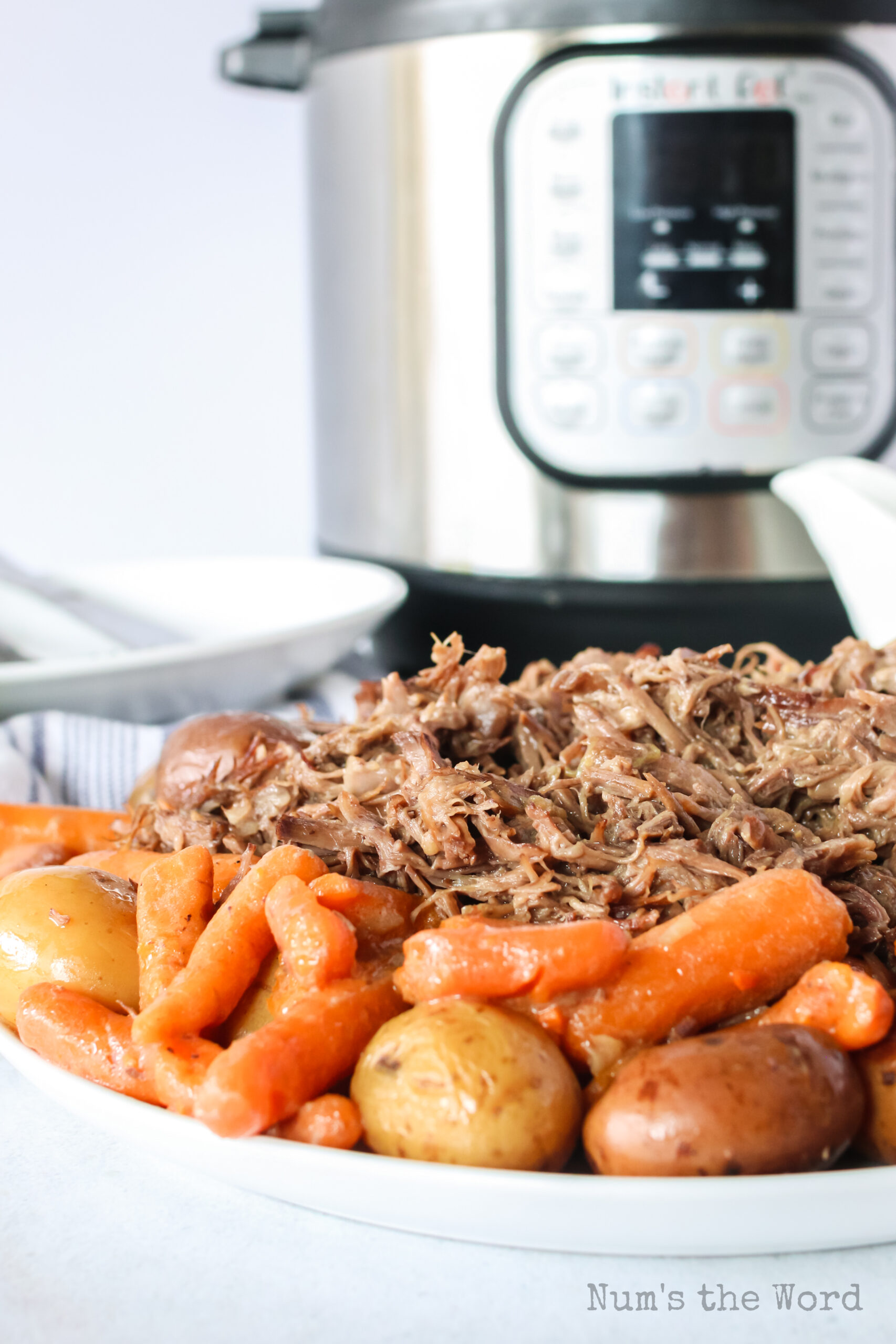 side view of pot roast on platter with instant pot in the background