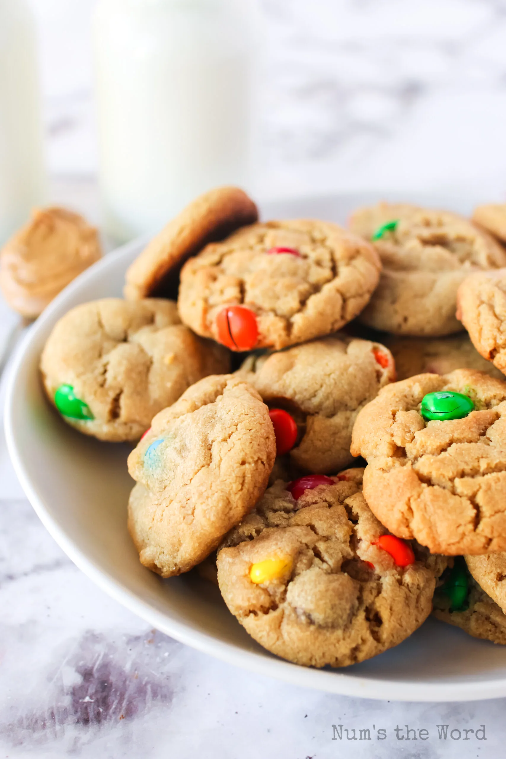 Side view of cookies on a plate.