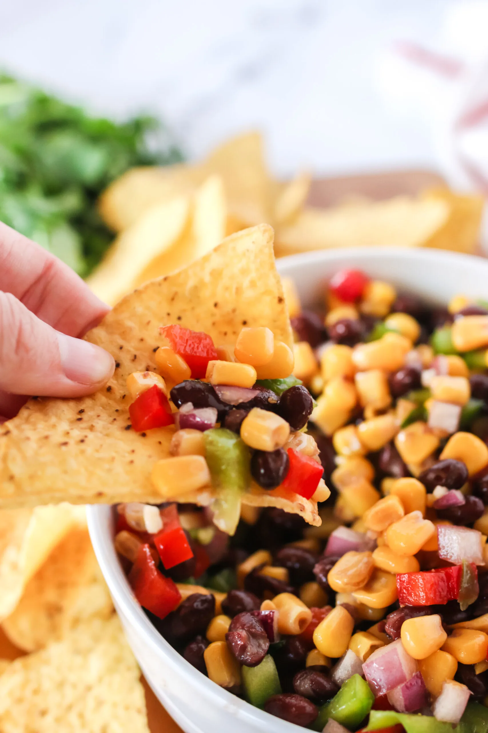 hand holding a tortilla chip with black bean salsa