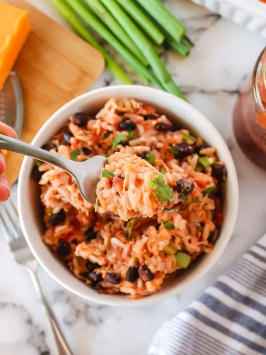 spoon scooping out a portion of cheesy salsa chicken and rice