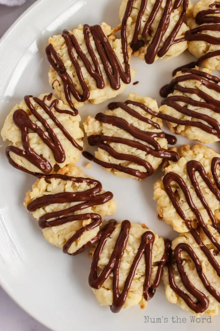 zoomed in view of cookies on plate with chocolate, ready to eat.