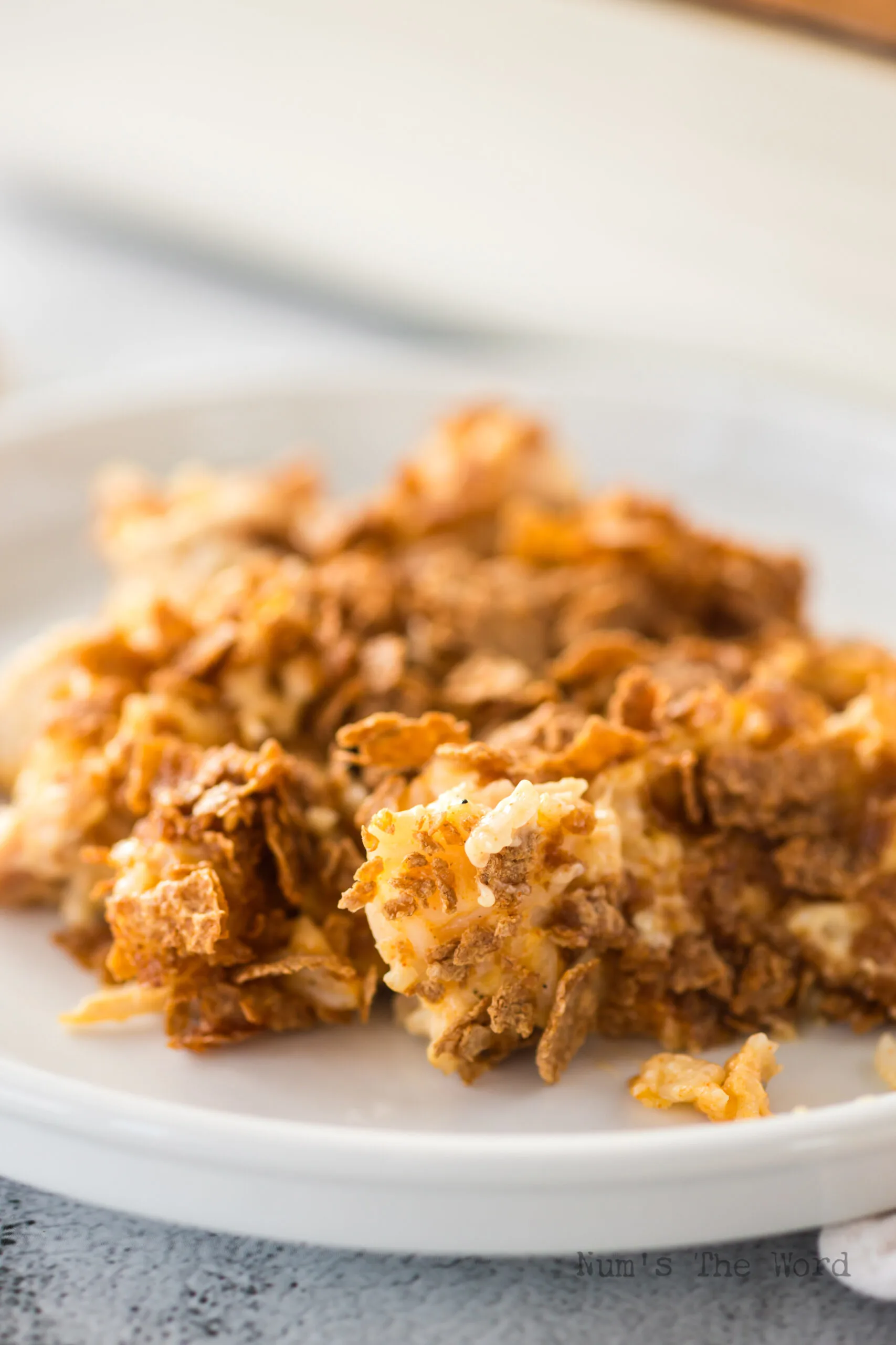 A side view of a helping of casserole dished onto a plate.