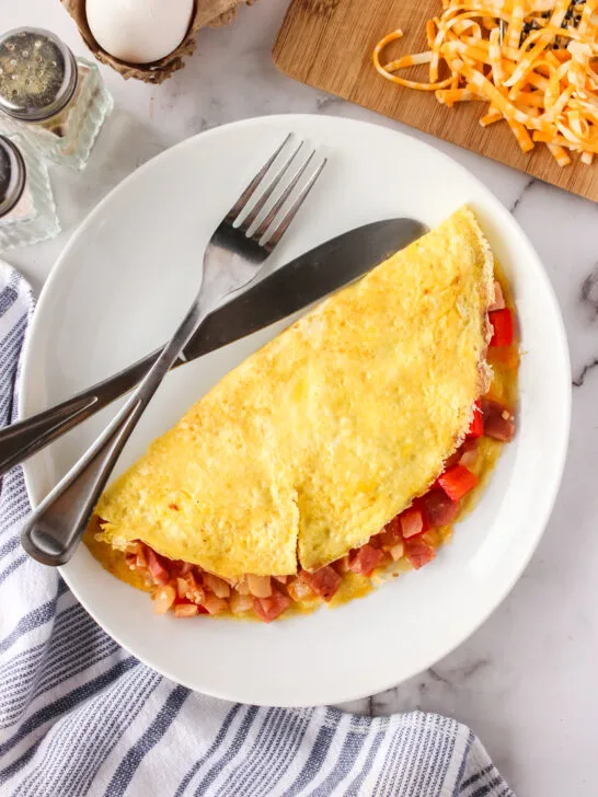 zoomed out image of omelette on a plate