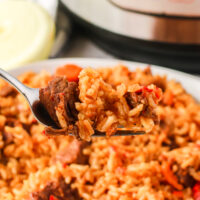 A plate full of beef and rice with a fork full being held above the plate