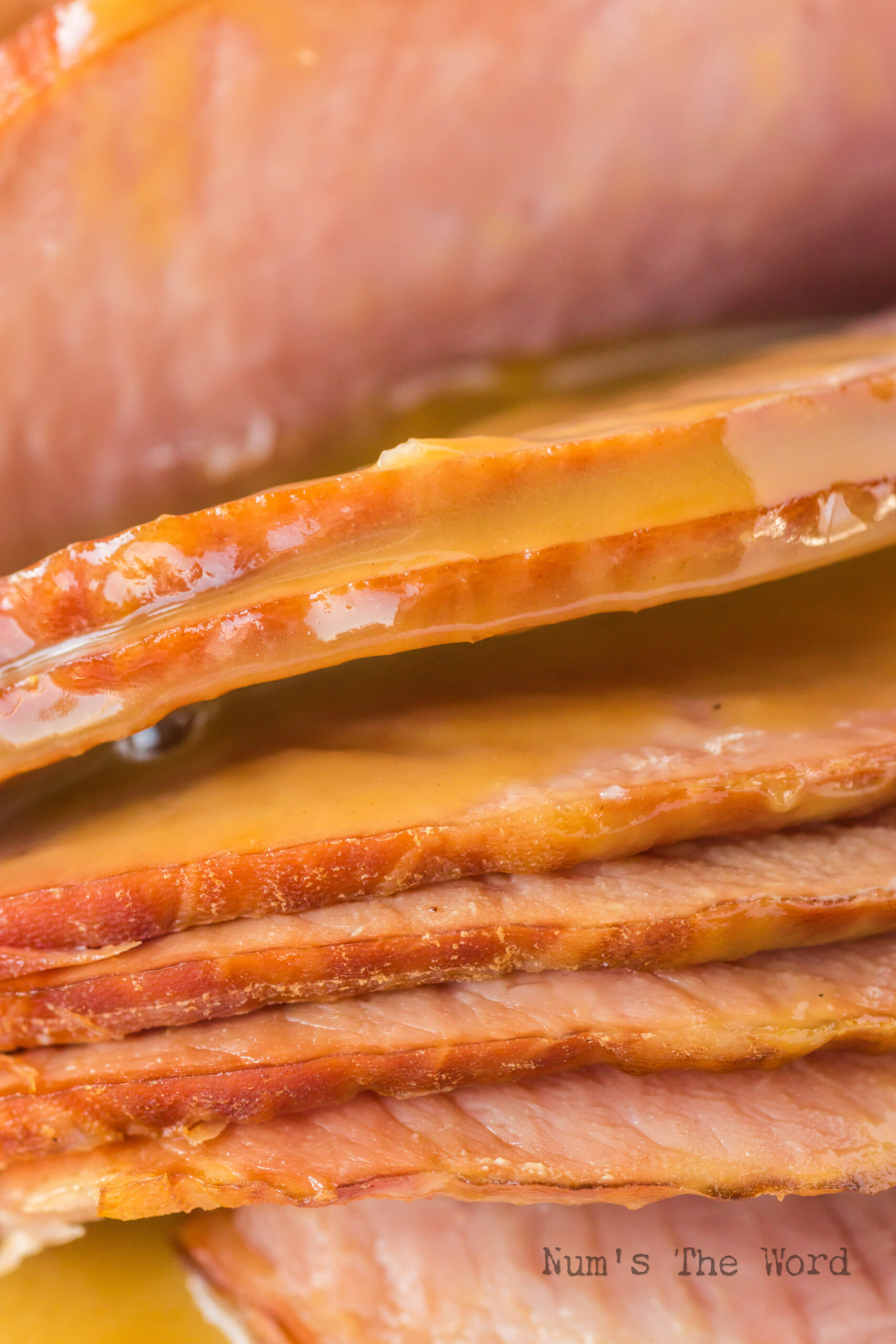 Close up of ham slices still attached to bone with honey mustard sauce poured over the top