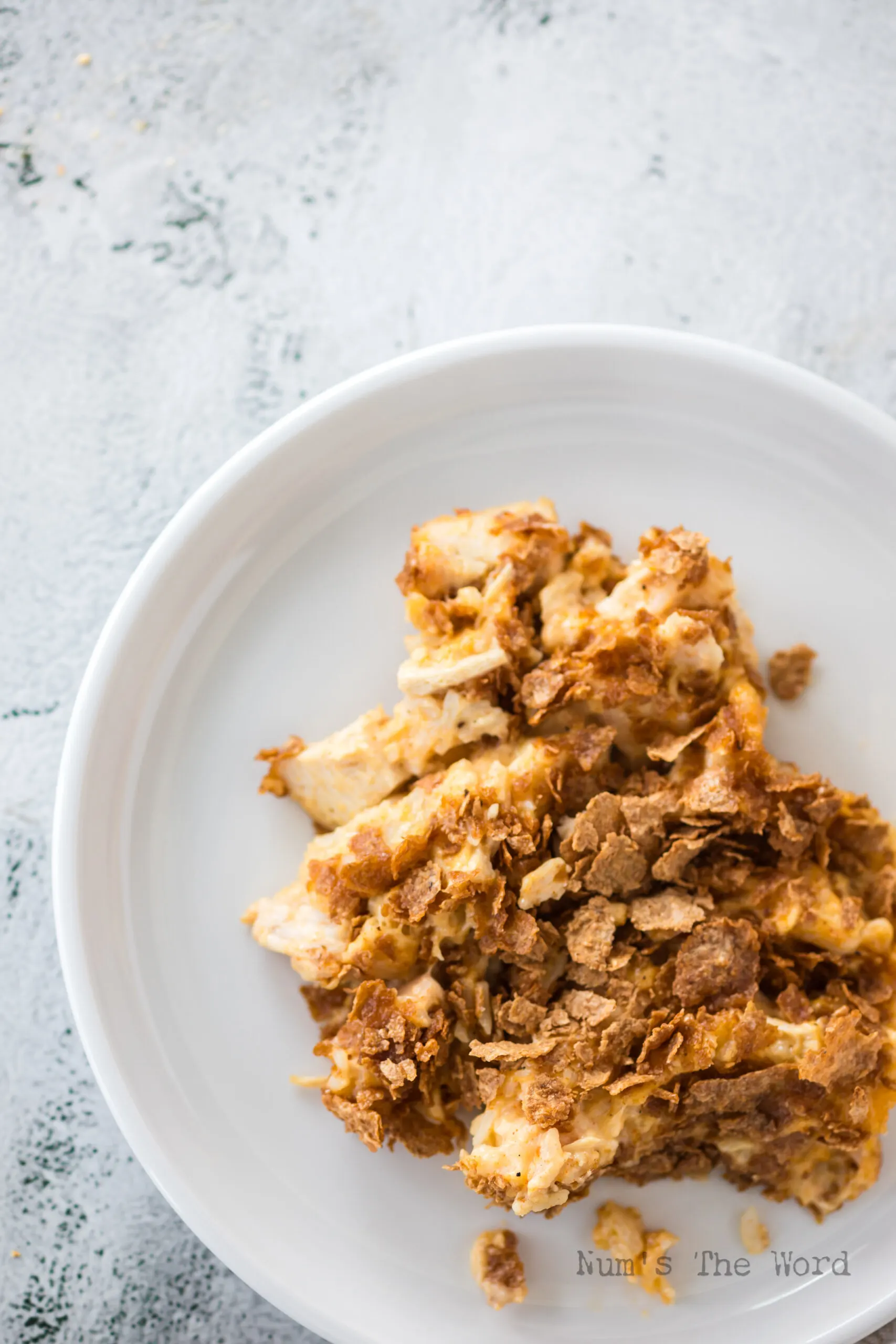 top view looking down at cornflake chicken and rice casserole