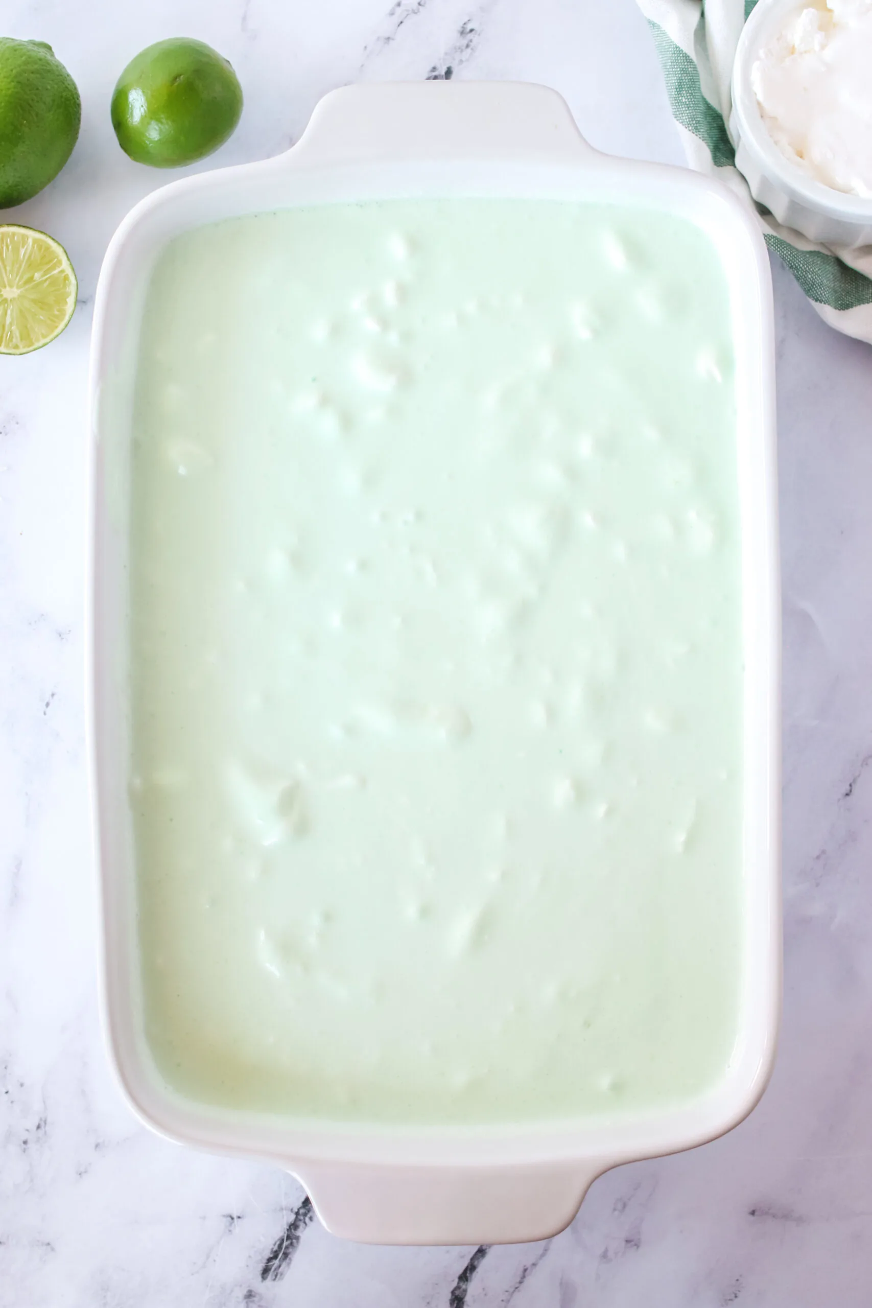 lime jello in casserole dish, ready to serve