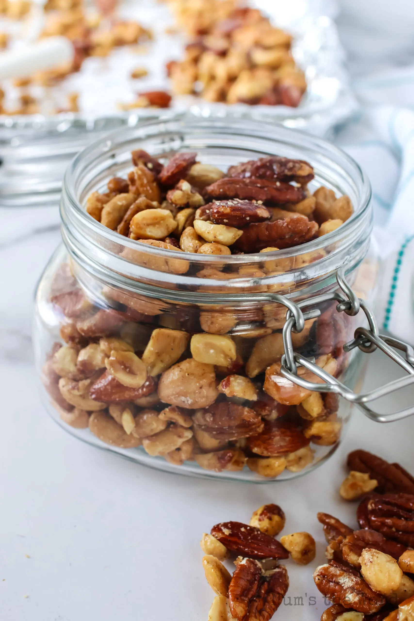 zoomed in image of spicy candied nuts in jar