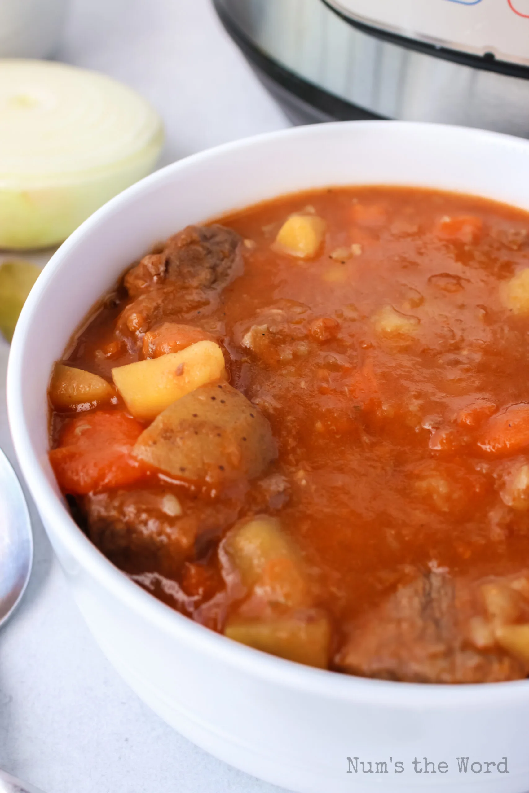 side angled view of beef stew in a soup bowl