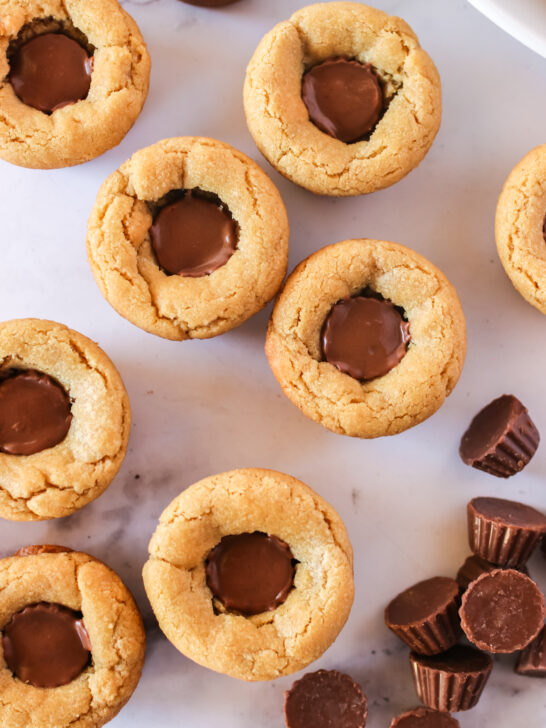 top view looking down at peanut butter cookie cups on platter