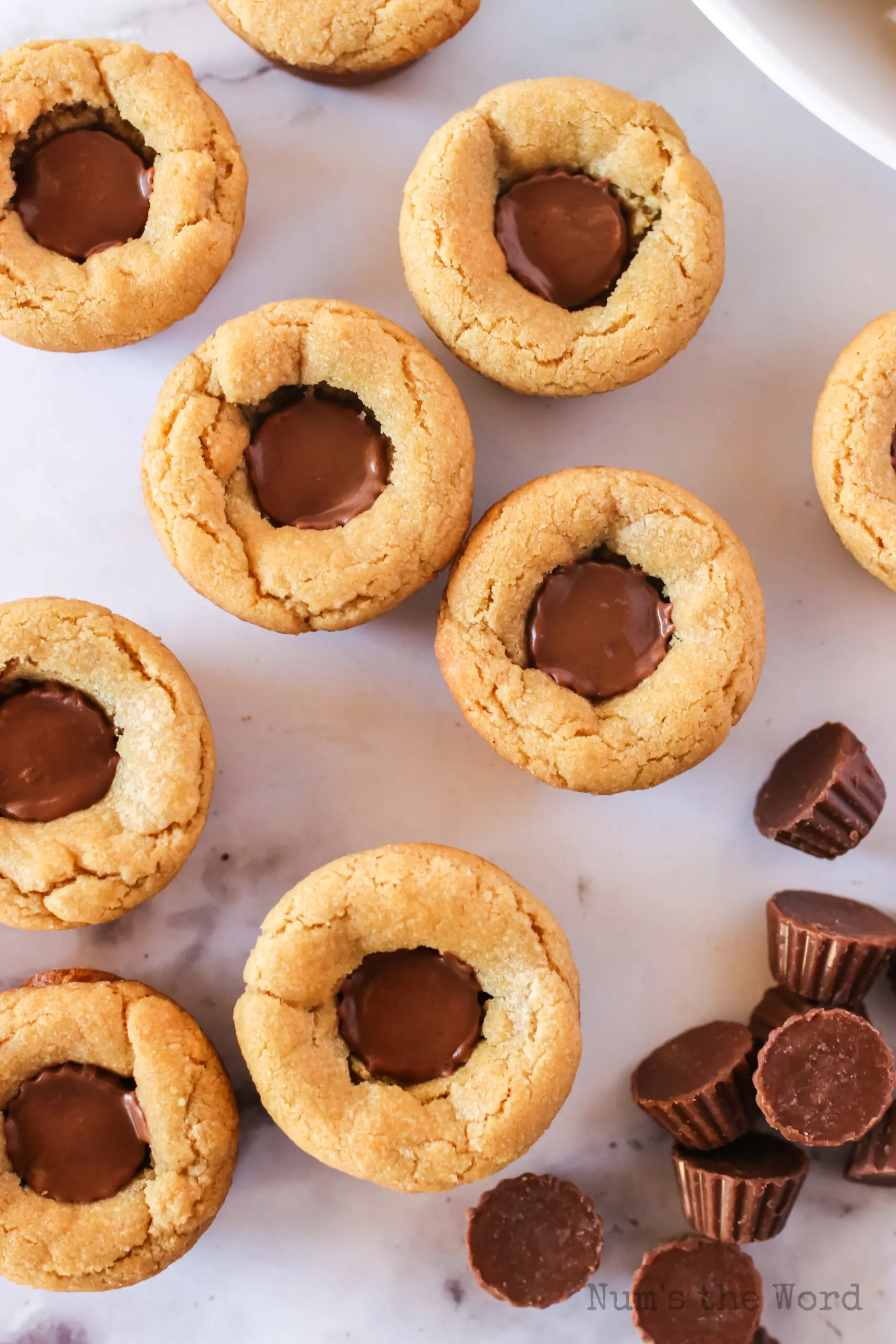 top view looking down at peanut butter cookie cups on platter