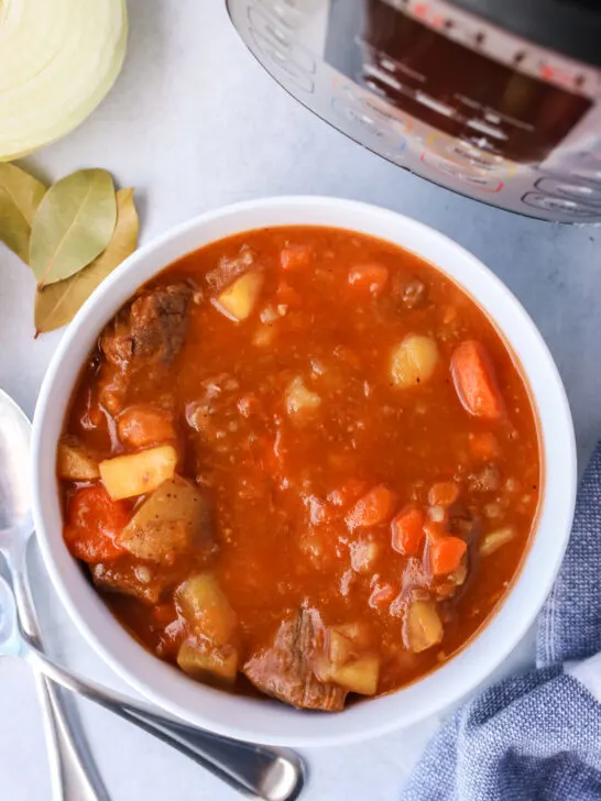 top view looking down at single bowl of beef stew.