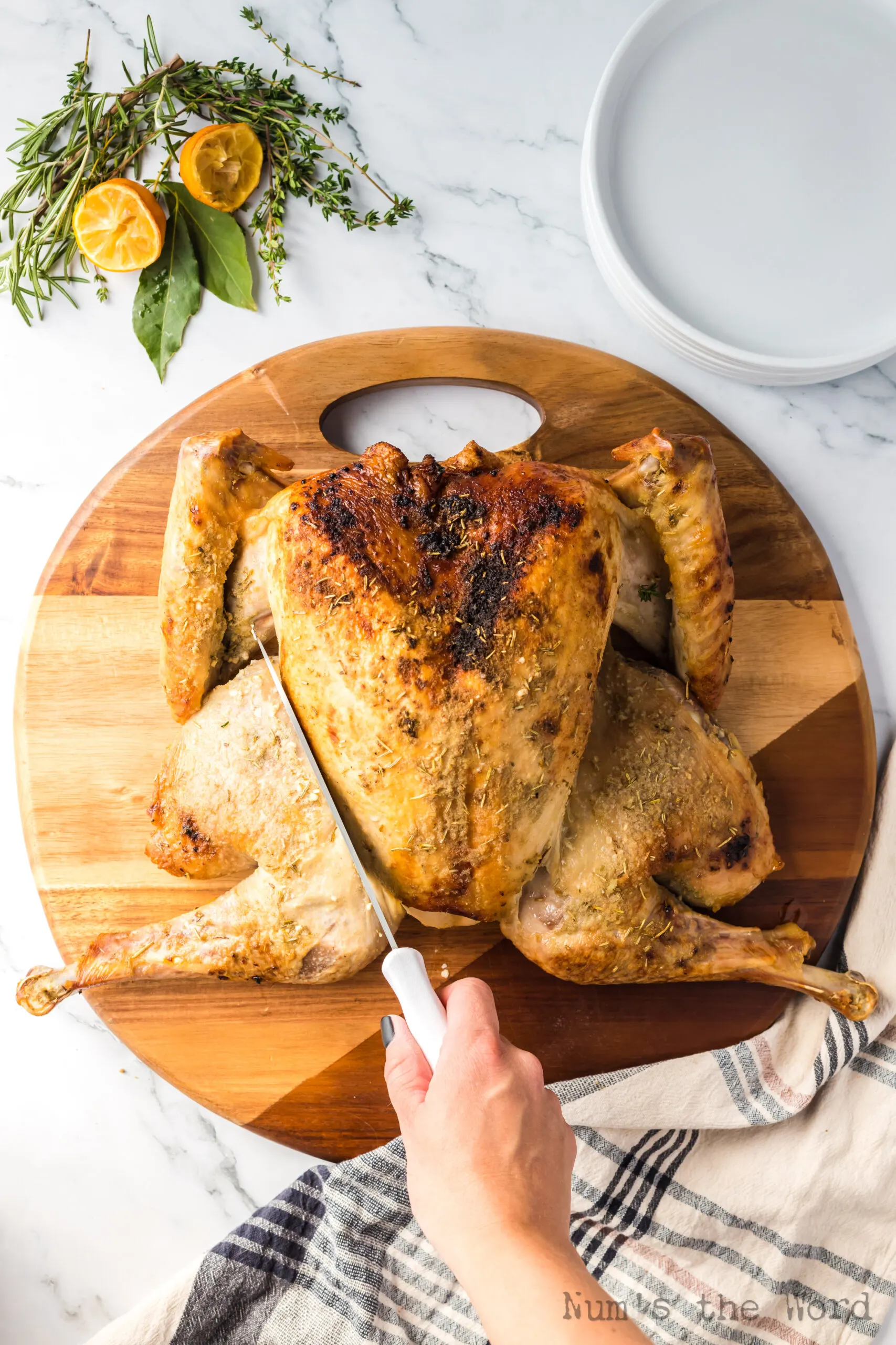 Spatchcocked turkey on a cutting board with knife placed on the thigh showing where to cut